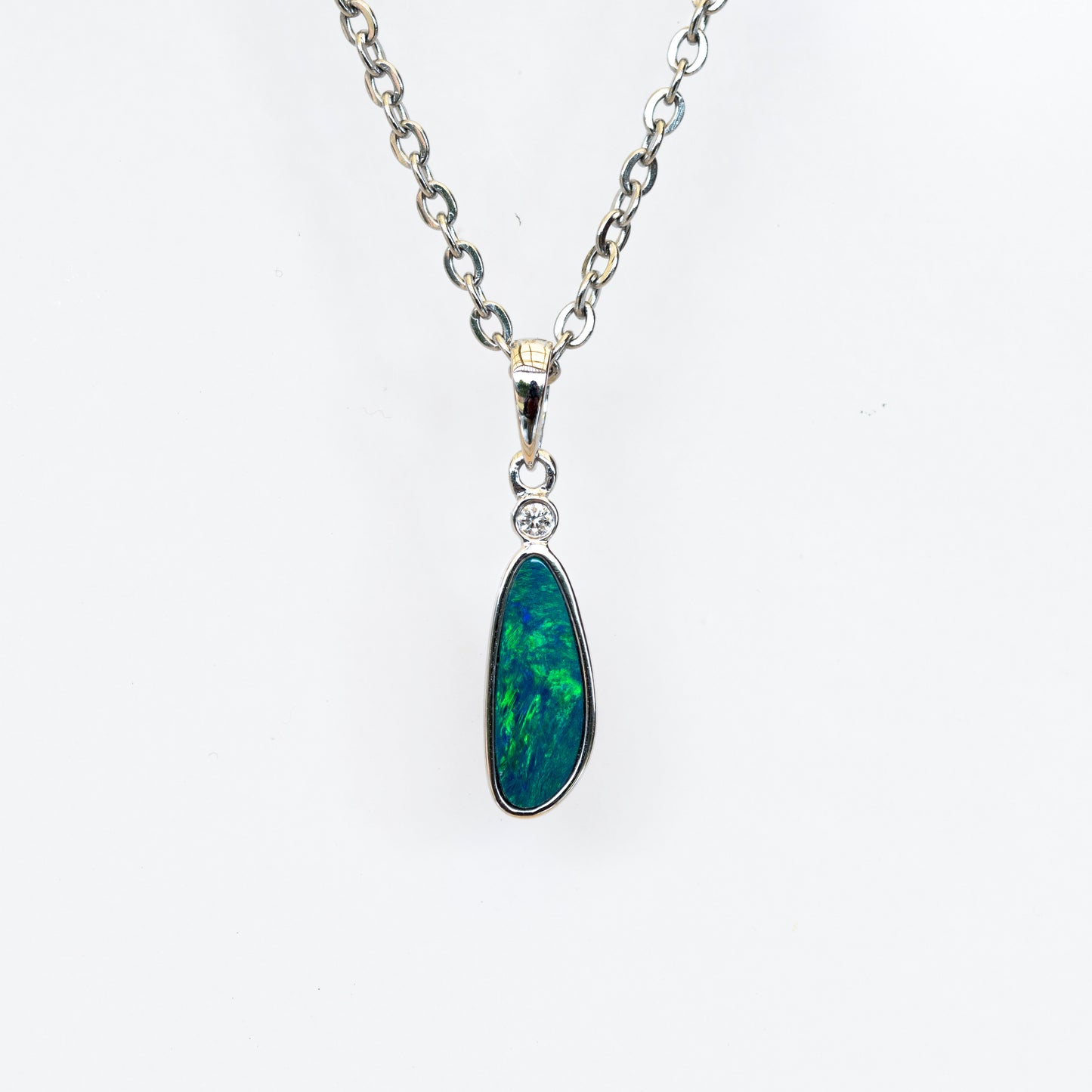 Australian Opal in 14K Solid White Gold - Fiery Opal Necklace - Genuine Australian Doublet Opal Gem Stone Pendant