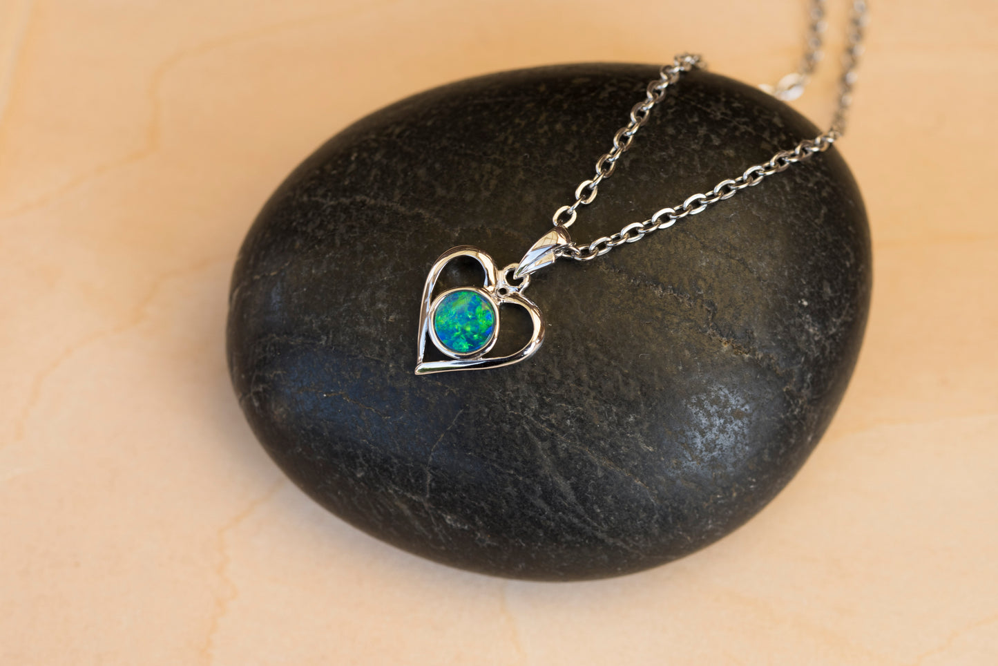 Premium Australian Opal in 14K Solid White Gold - Multi Color Fire Opal Necklace - Genuine Australian Doublet Opal Gem Stone Pendant