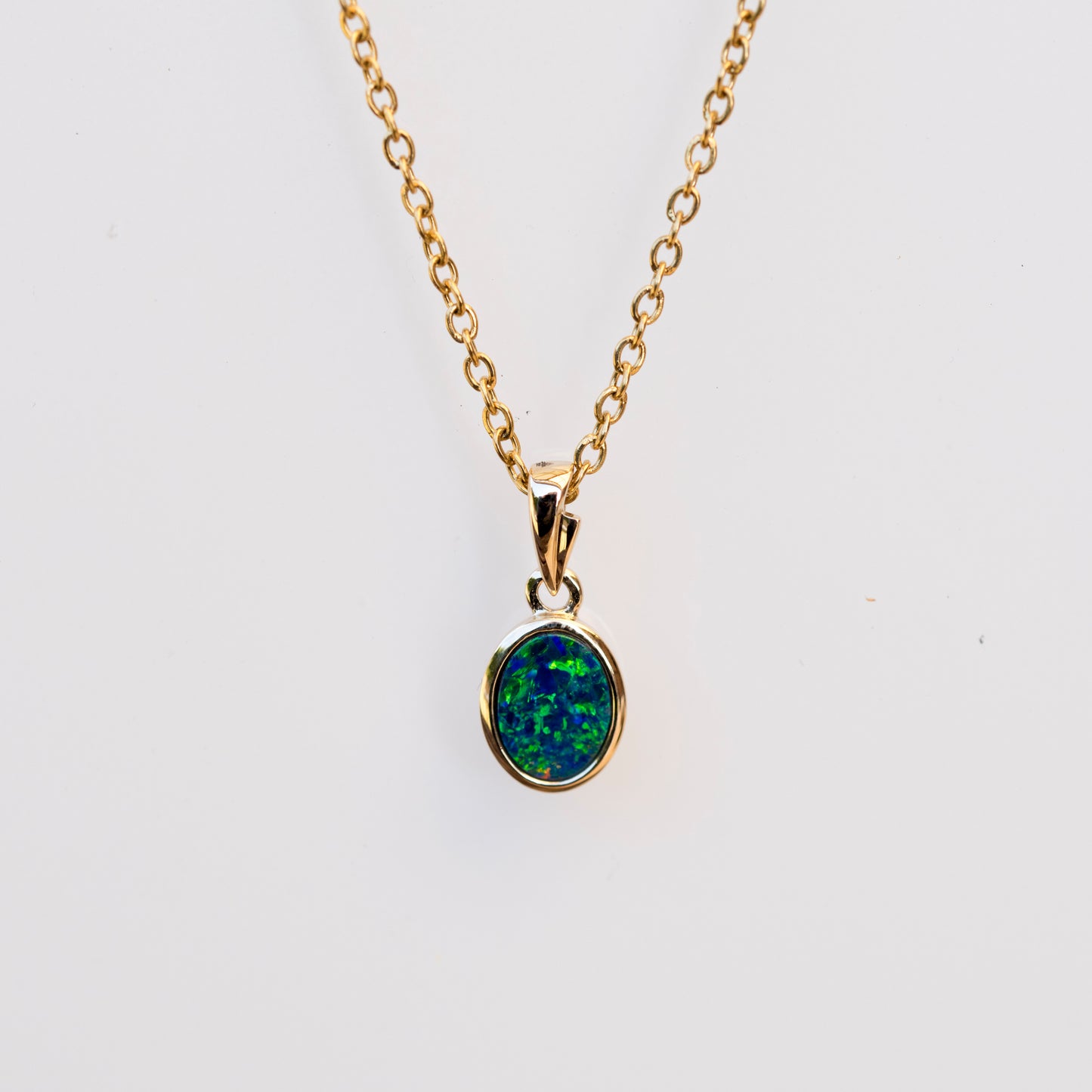 Australian Opal in 14K Solid Yellow Gold - Eternal Multi Color Fire Opal Necklace - Genuine Australian Doublet Opal Gem Stone Pendant