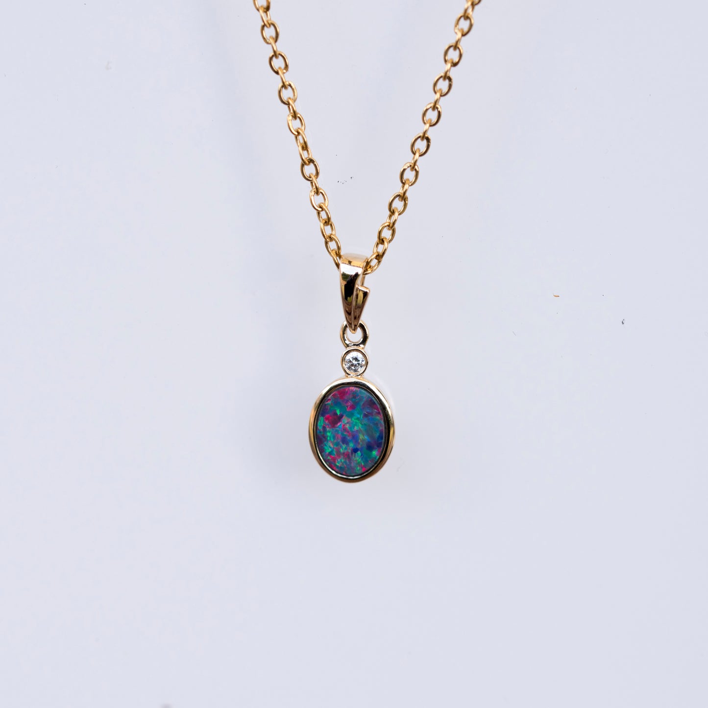 Australian Opal in 14K Solid Yellow Gold - Multi Color Fire Opal Necklace - Genuine Australian Doublet Opal Gem Stone Pendant