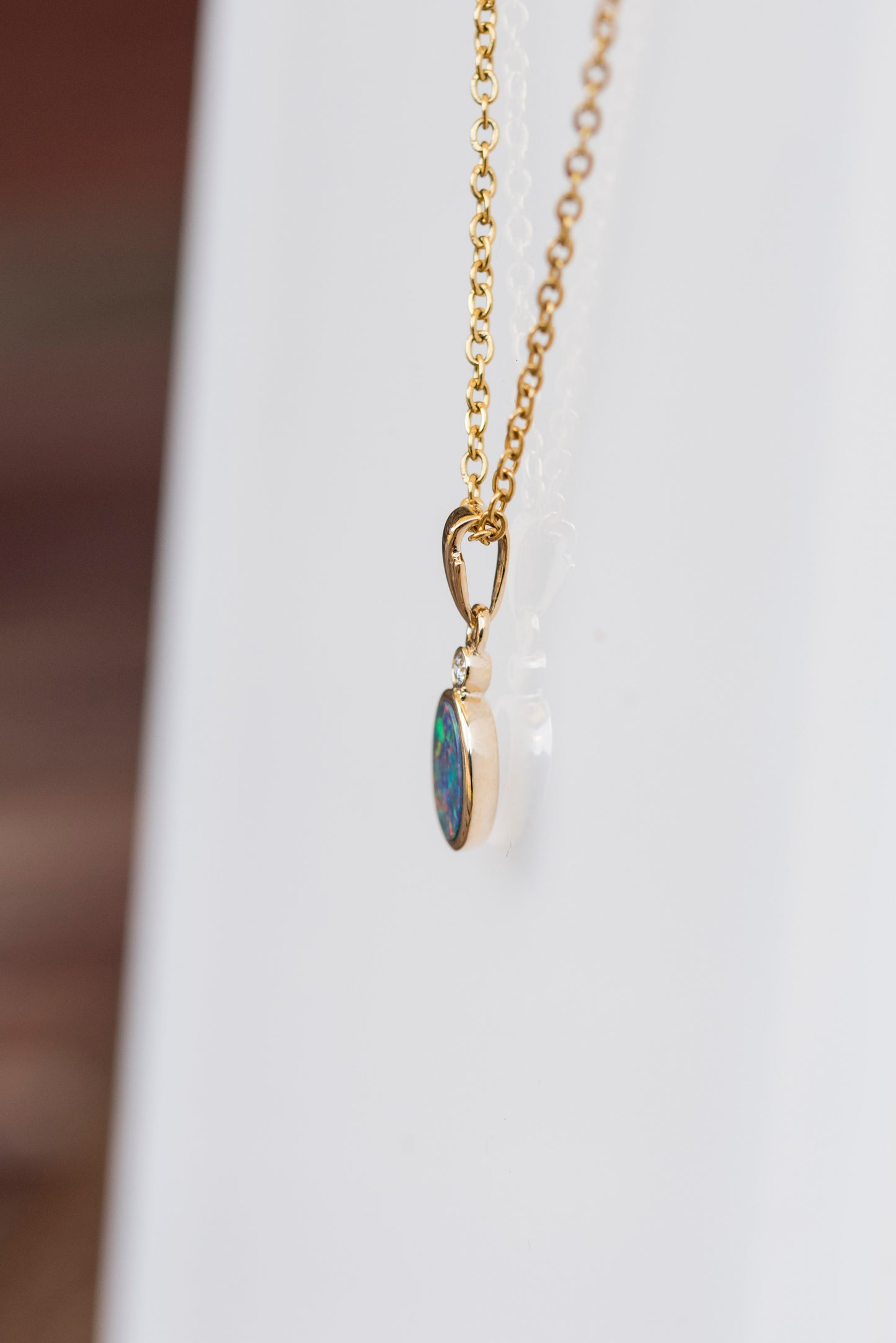 Australian Opal in 14K Solid Yellow Gold - Multi Color Fire Opal Necklace - Genuine Australian Doublet Opal Gem Stone Pendant