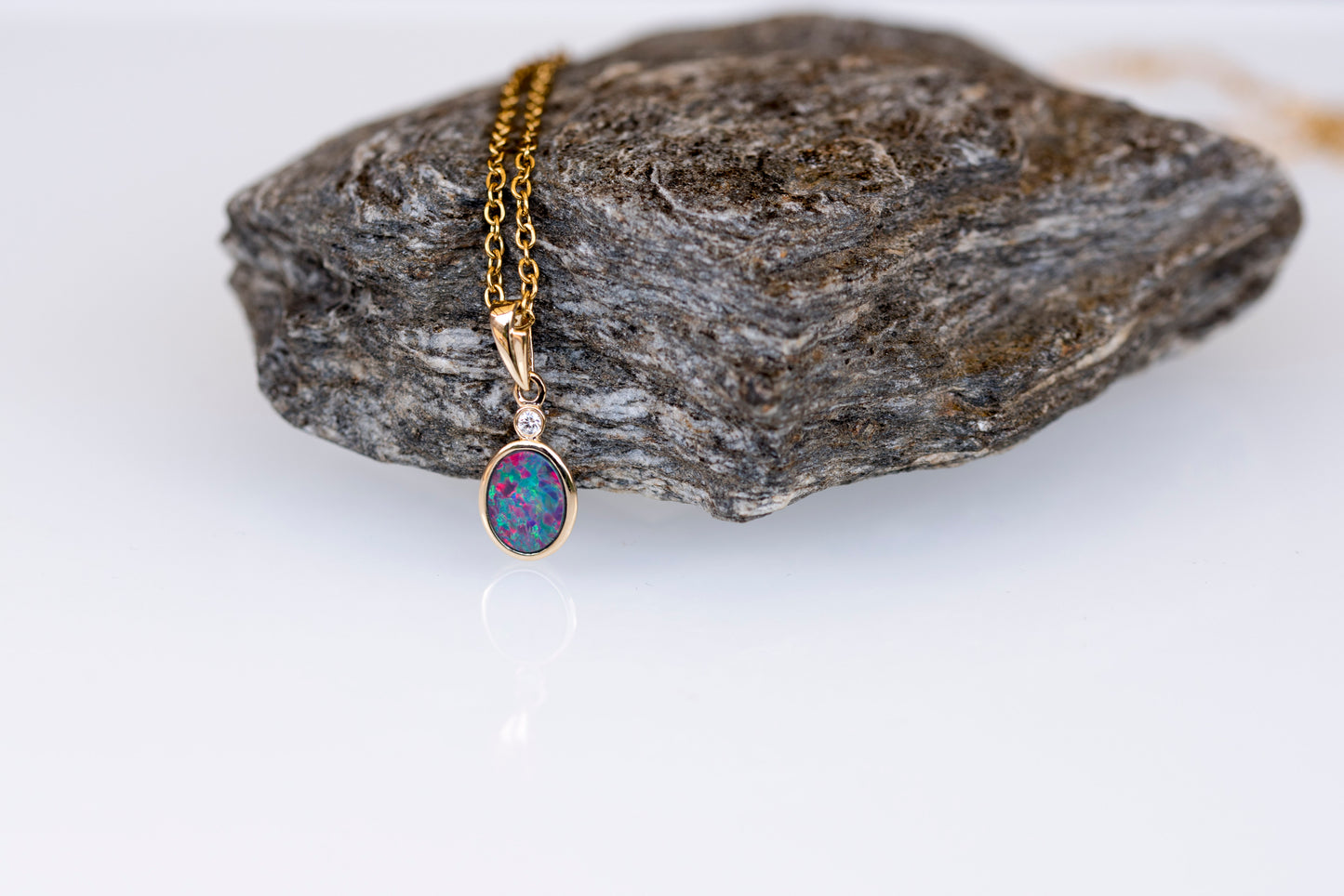 Australian Opal in 14K Solid Yellow Gold - Multi Color Fire Opal Necklace - Genuine Australian Doublet Opal Gem Stone Pendant