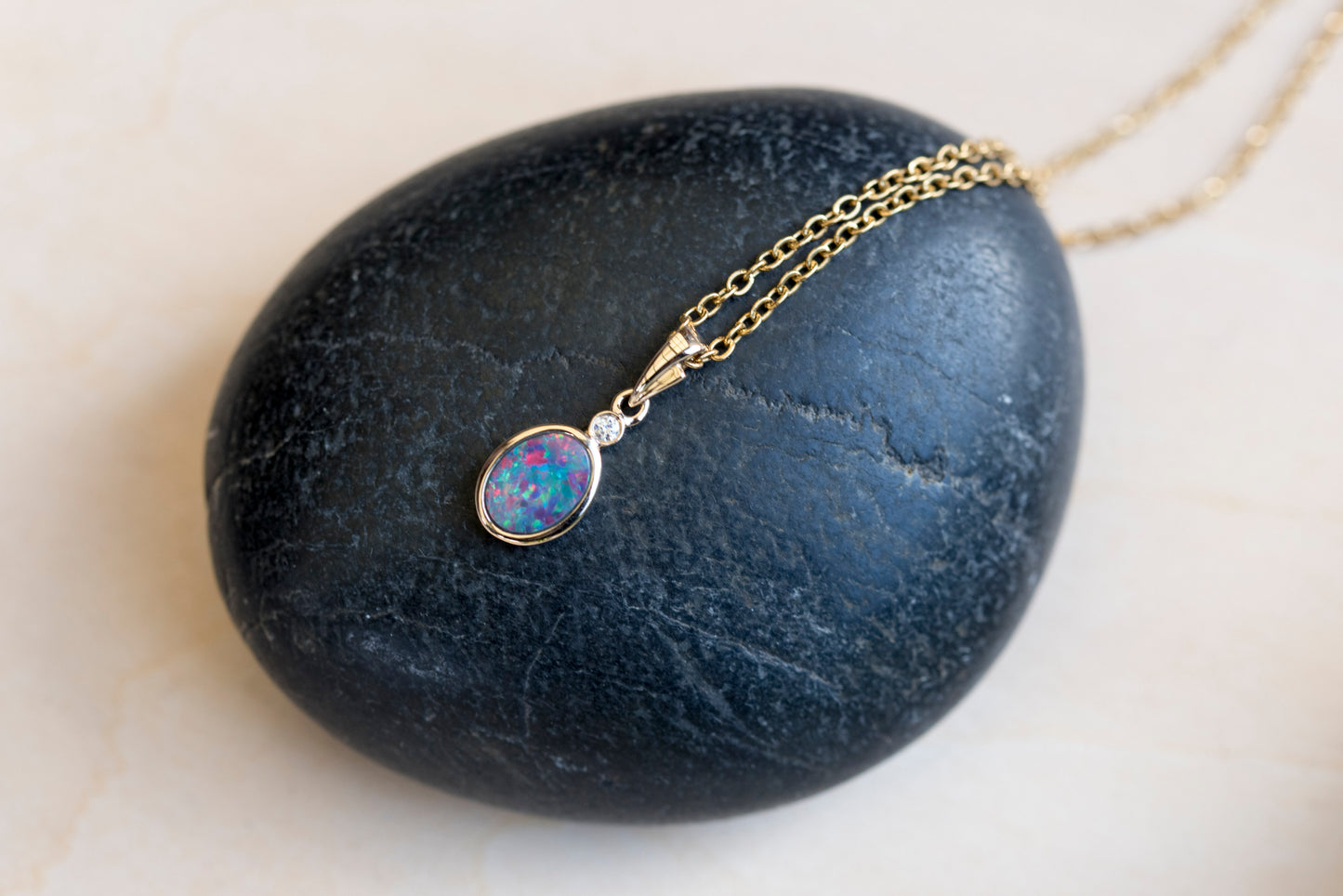 Australian Opal in 14K Solid Yellow Gold - Multi Color Fire Opal Necklace - Genuine Australian Doublet Opal Gem Stone Pendant