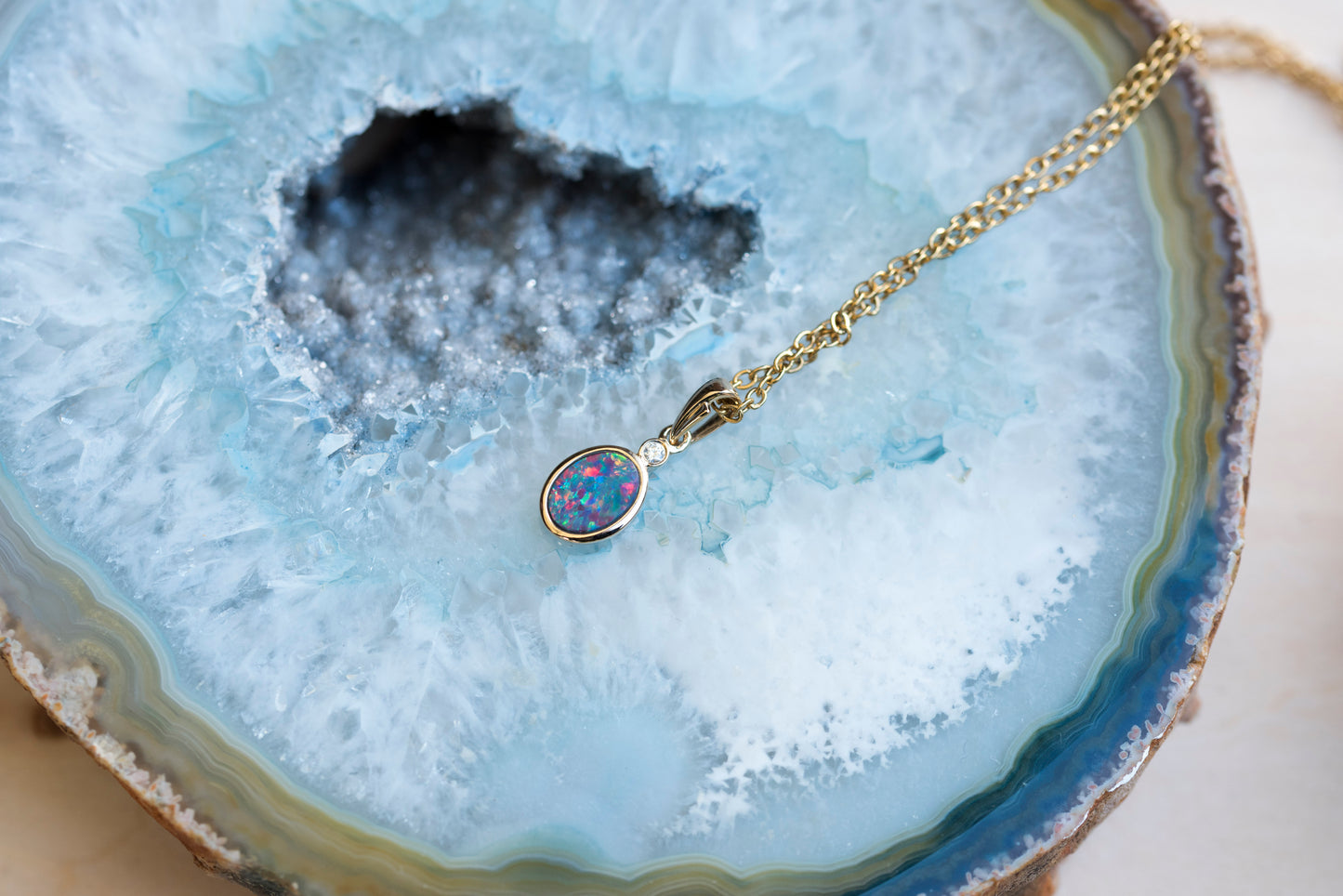 Australian Opal in 14K Solid Yellow Gold - Multi Color Fire Opal Necklace - Genuine Australian Doublet Opal Gem Stone Pendant