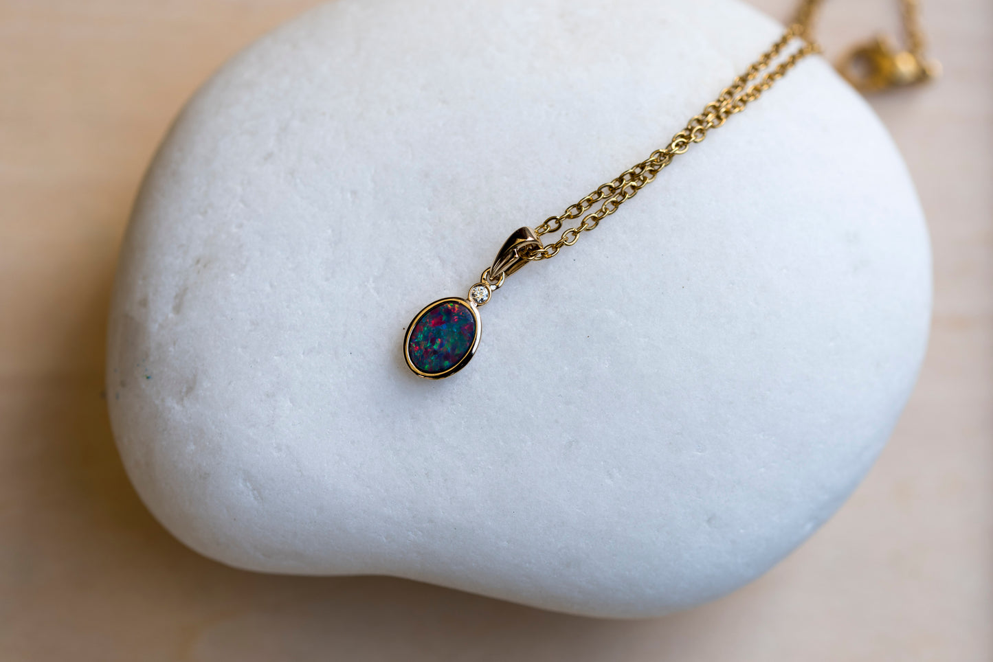Australian Opal in 14K Solid Yellow Gold - Multi Color Fire Opal Necklace - Genuine Australian Doublet Opal Gem Stone Pendant