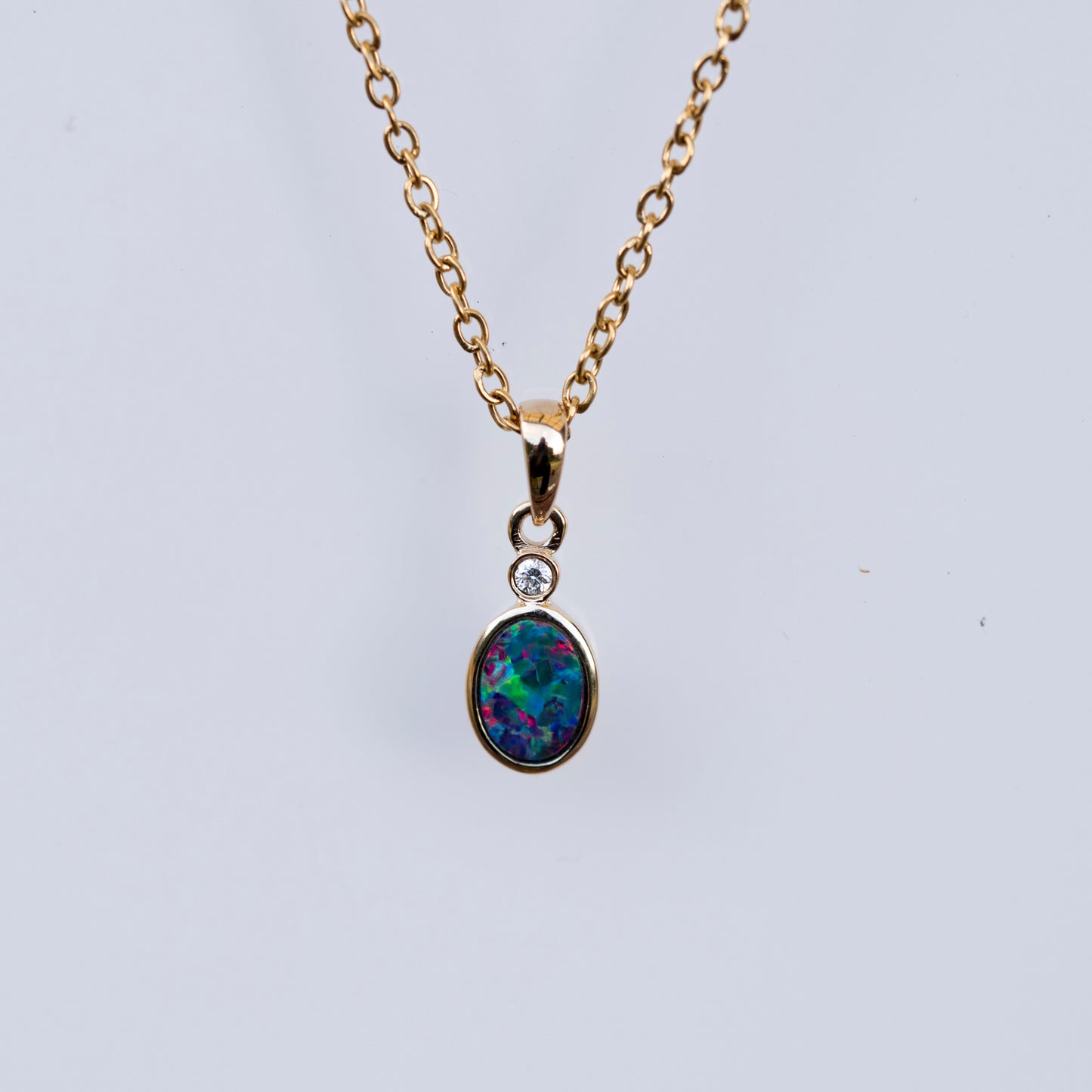 Australian Opal in 14K Solid Yellow Gold - Multi Color Fire Opal Necklace - Genuine Australian Doublet Opal Gem Stone Pendant