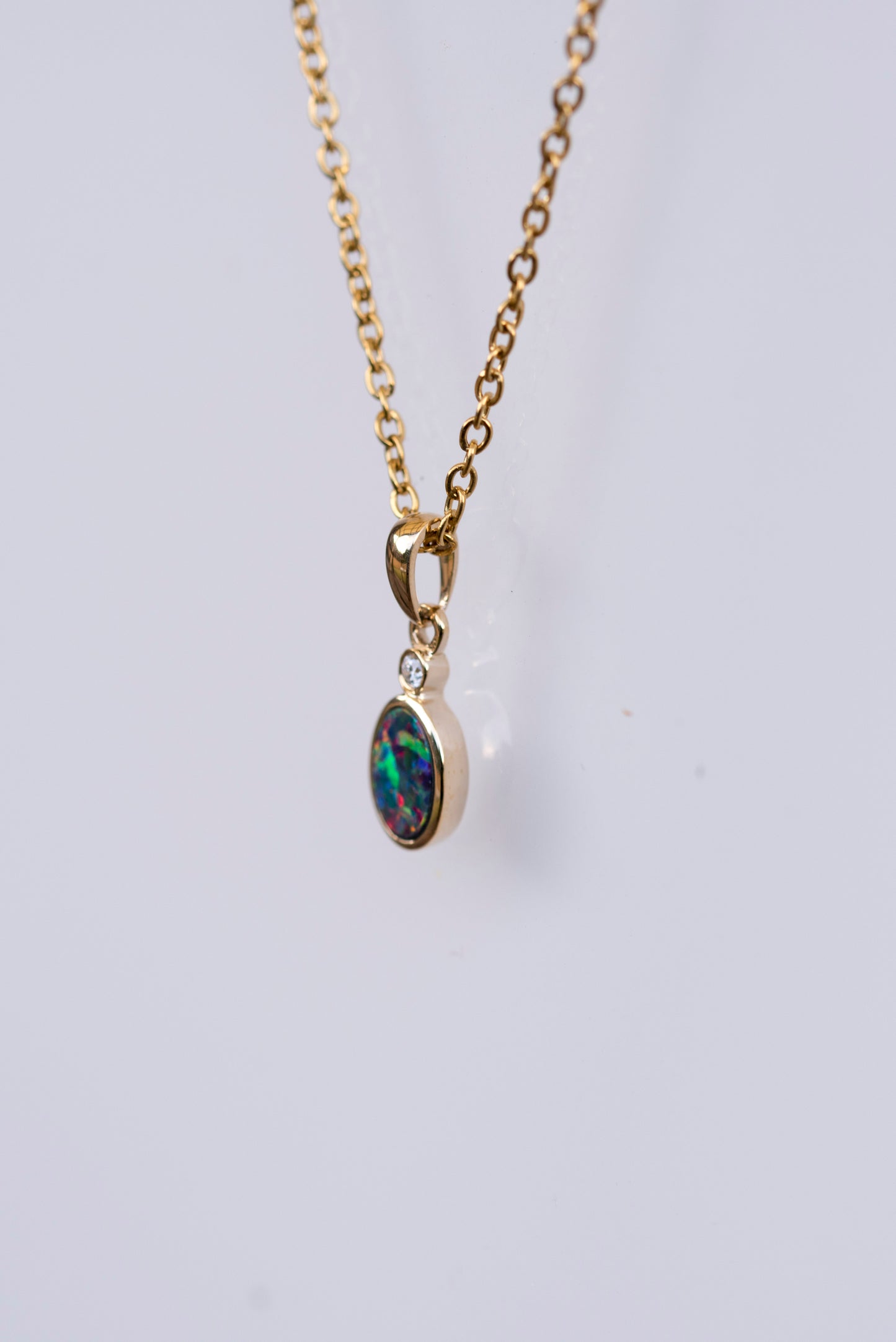 Australian Opal in 14K Solid Yellow Gold - Multi Color Fire Opal Necklace - Genuine Australian Doublet Opal Gem Stone Pendant