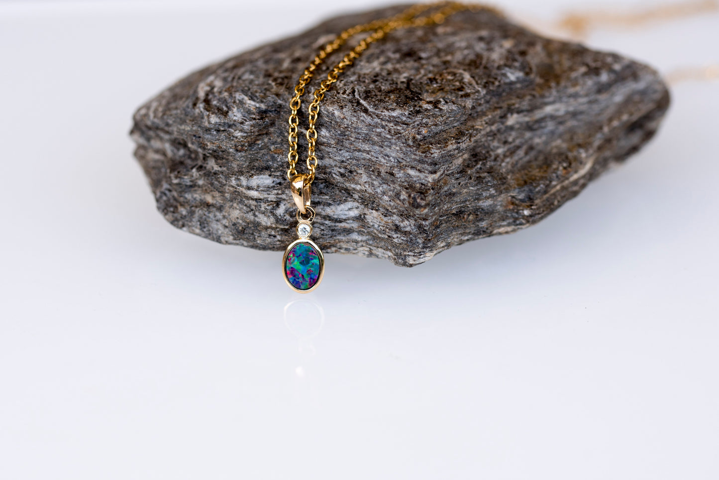 Australian Opal in 14K Solid Yellow Gold - Multi Color Fire Opal Necklace - Genuine Australian Doublet Opal Gem Stone Pendant
