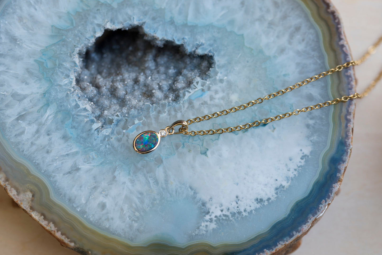 Australian Opal in 14K Solid Yellow Gold - Multi Color Fire Opal Necklace - Genuine Australian Doublet Opal Gem Stone Pendant