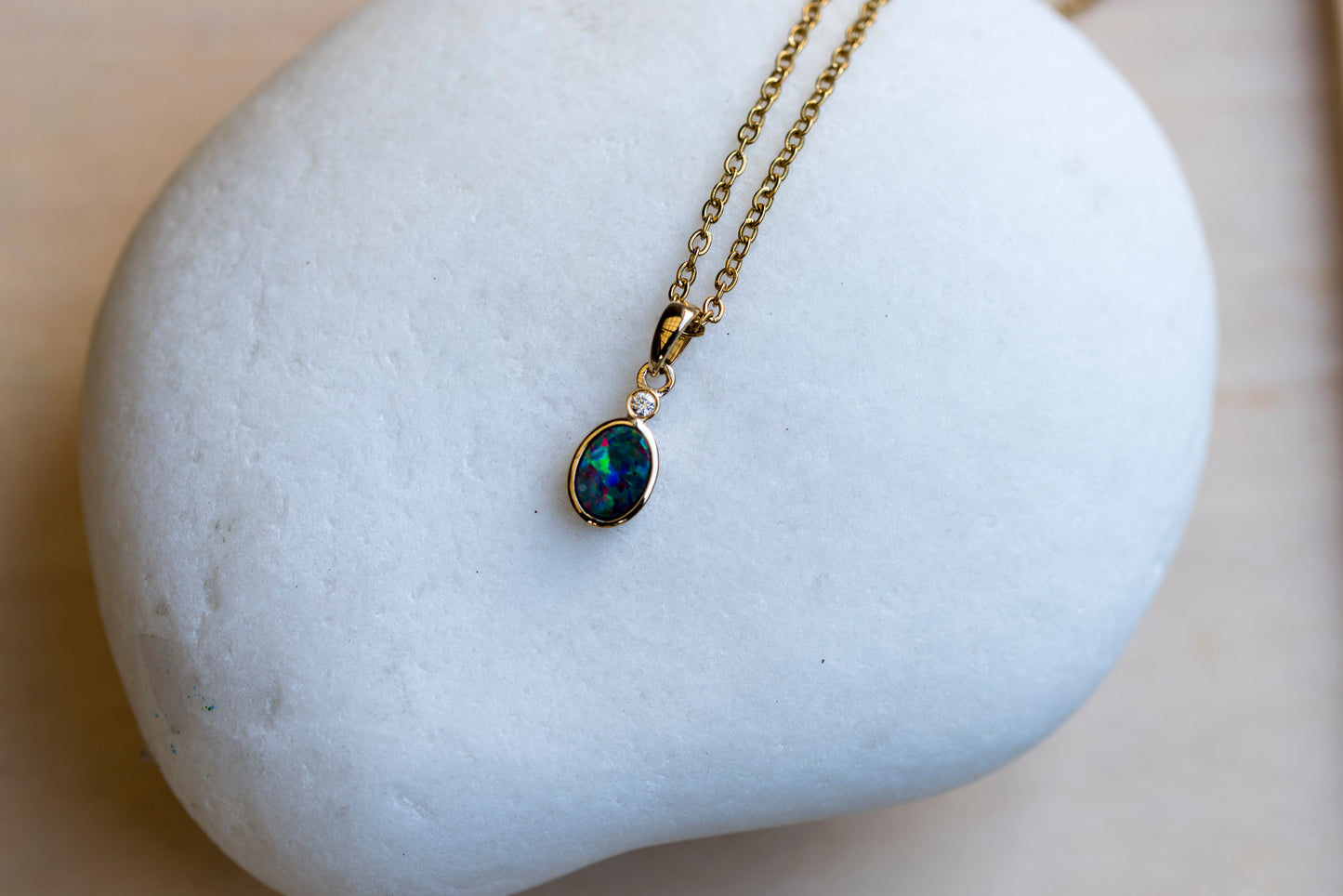 Australian Opal in 14K Solid Yellow Gold - Multi Color Fire Opal Necklace - Genuine Australian Doublet Opal Gem Stone Pendant