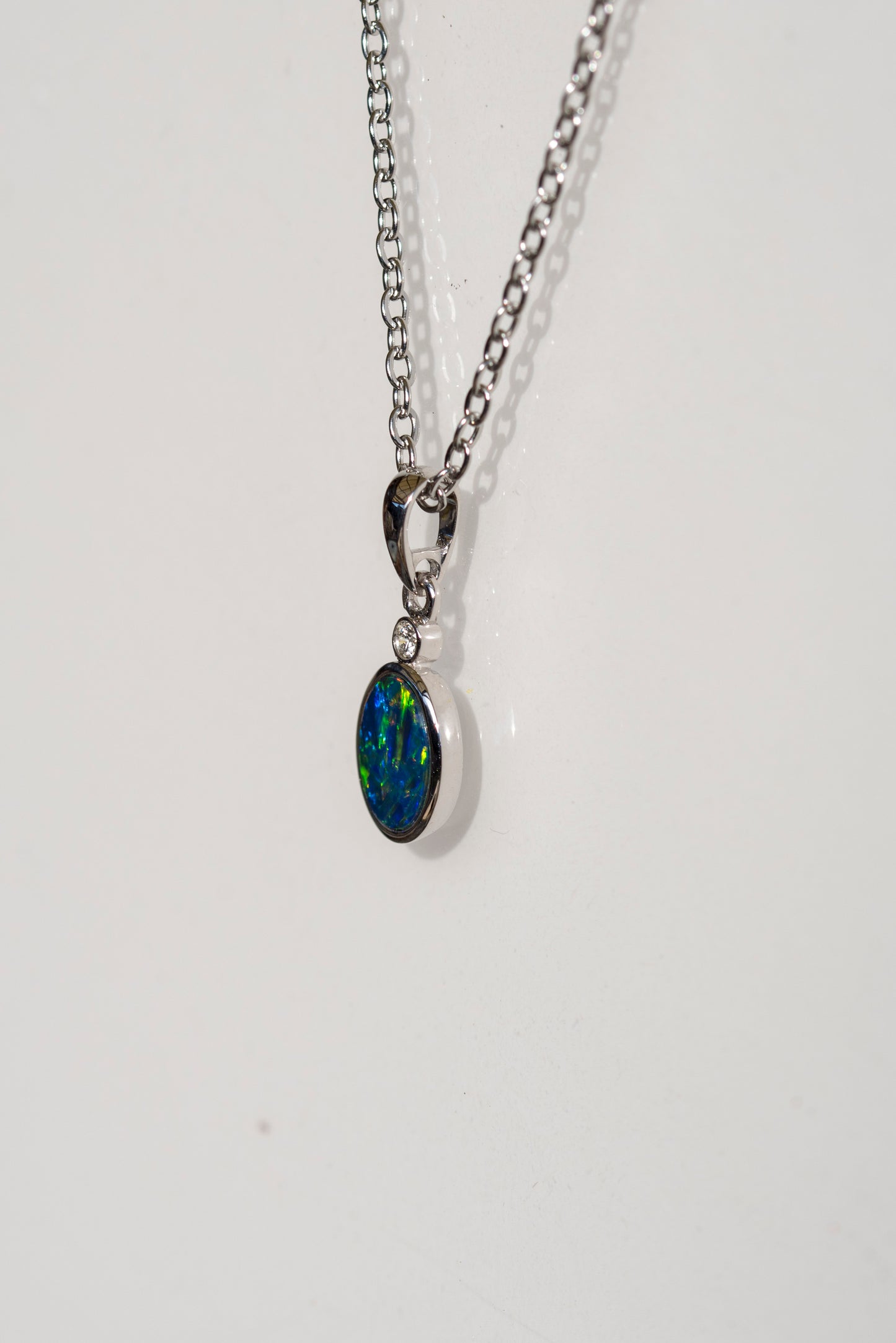 Australian Opal in 14K Solid White Gold - Multi Color Fire Opal Necklace - Genuine Australian Doublet Opal Gem Stone Pendant