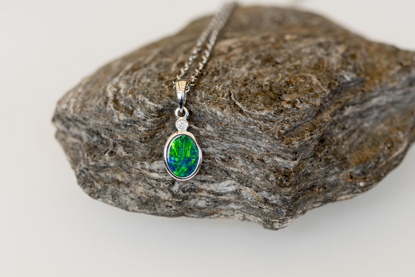 Australian Opal in 14K Solid White Gold - Multi Color Fire Opal Necklace - Genuine Australian Doublet Opal Gem Stone Pendant
