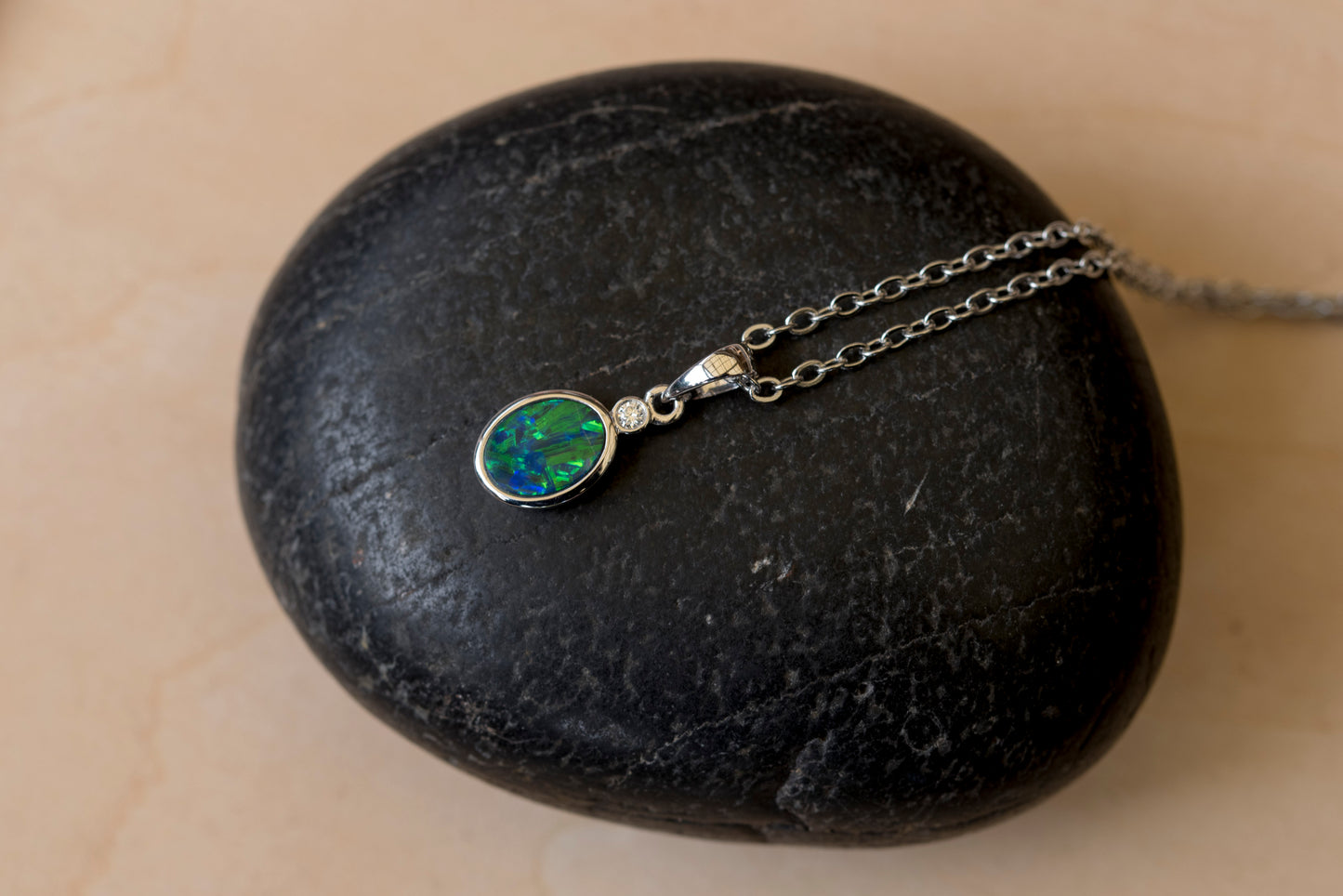 Australian Opal in 14K Solid White Gold - Multi Color Fire Opal Necklace - Genuine Australian Doublet Opal Gem Stone Pendant
