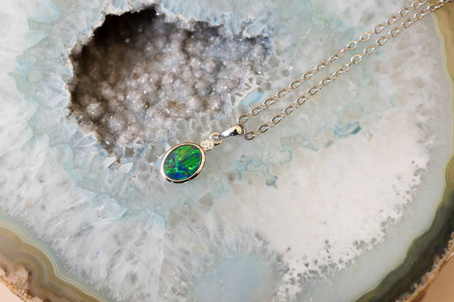 Australian Opal in 14K Solid White Gold - Multi Color Fire Opal Necklace - Genuine Australian Doublet Opal Gem Stone Pendant