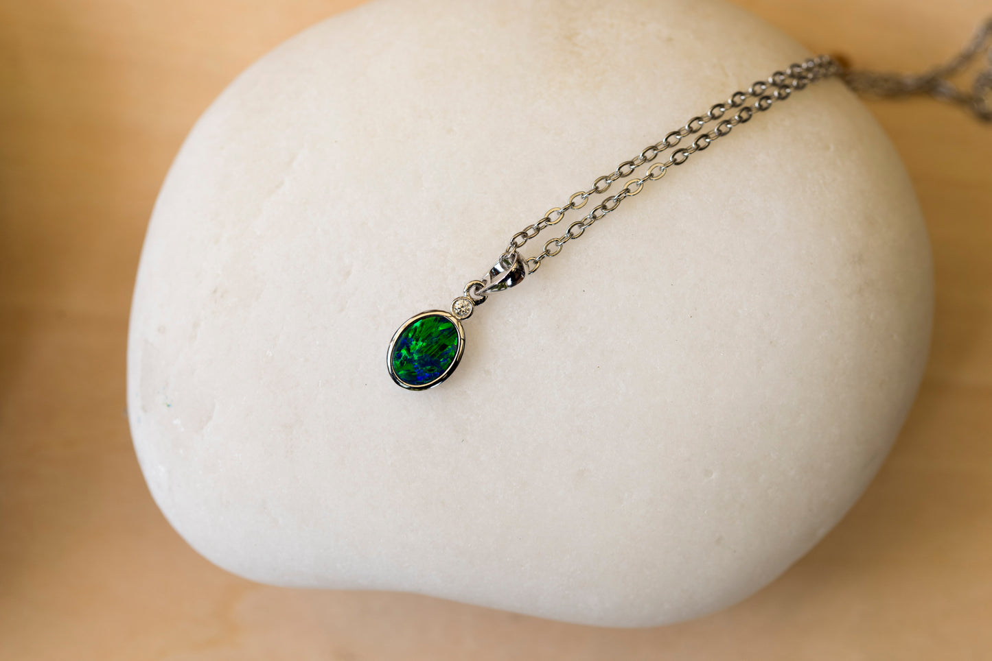 Australian Opal in 14K Solid White Gold - Multi Color Fire Opal Necklace - Genuine Australian Doublet Opal Gem Stone Pendant