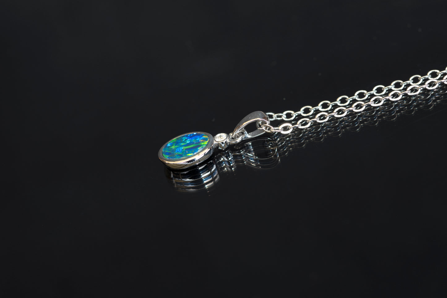 Vibrant Australian Opal in 14K Solid White Gold - Multi Color Fire Opal Necklace - Genuine Australian Doublet Opal Gem Stone Pendant