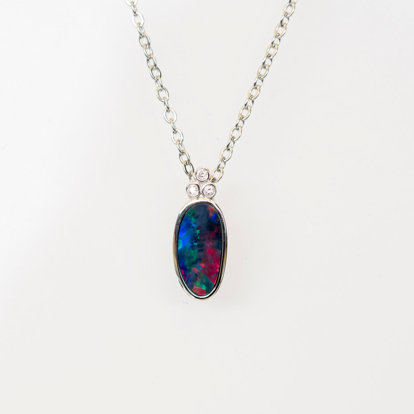 Australian Opal in 14K Solid White Gold - Multi Color Fire Opal Necklace - Genuine Australian Doublet Opal Gem Stone Pendant