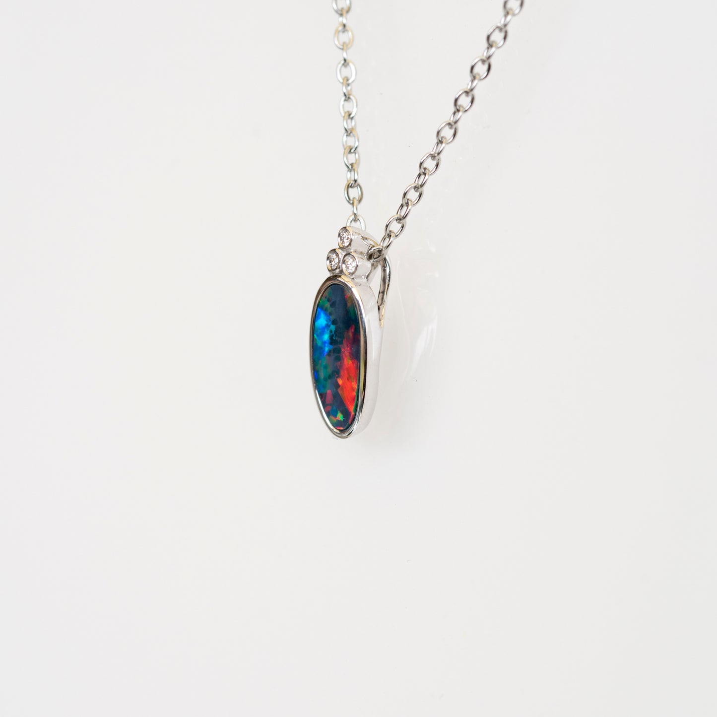 Australian Opal in 14K Solid White Gold - Multi Color Fire Opal Necklace - Genuine Australian Doublet Opal Gem Stone Pendant