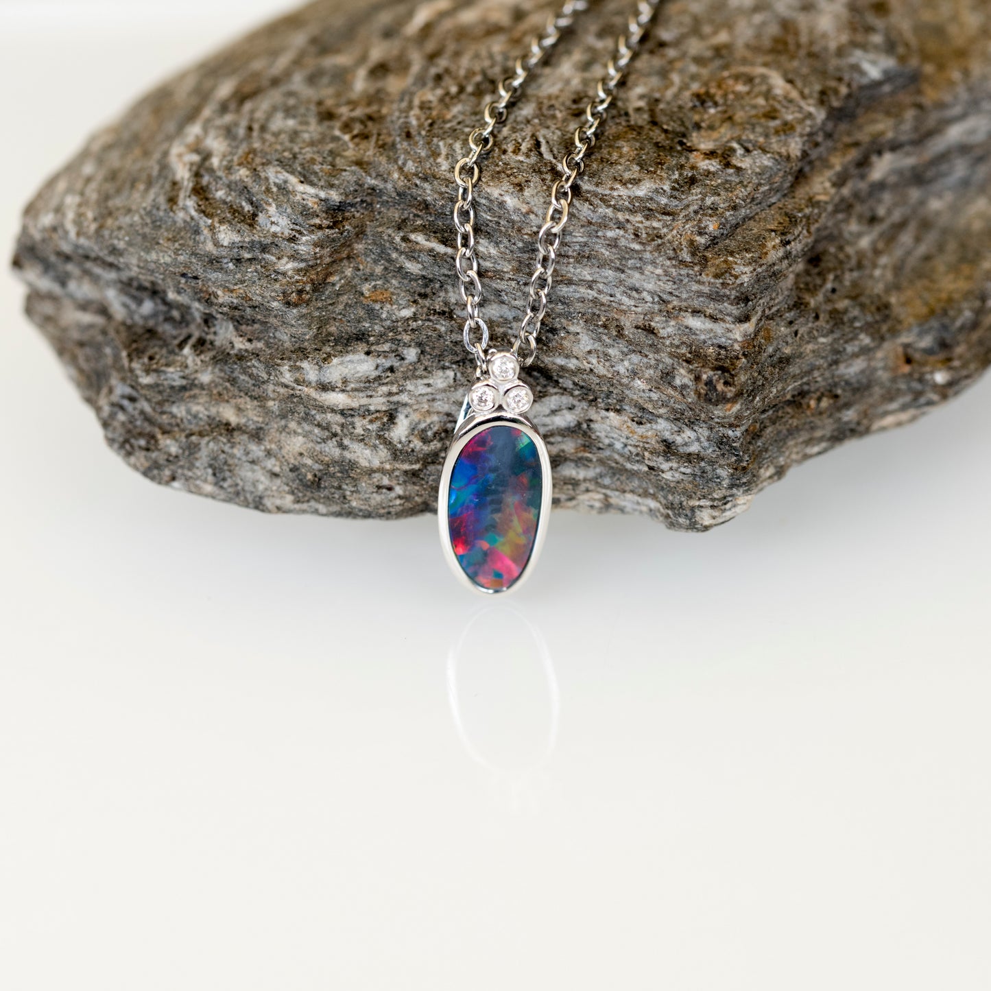 Australian Opal in 14K Solid White Gold - Multi Color Fire Opal Necklace - Genuine Australian Doublet Opal Gem Stone Pendant