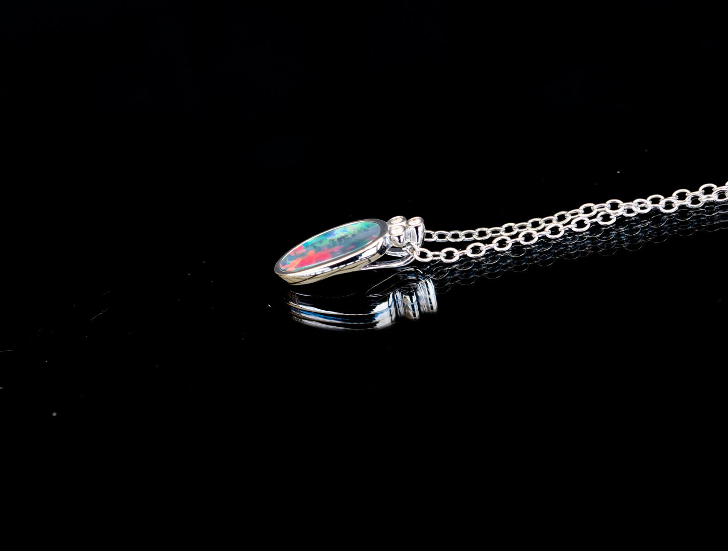 Australian Opal in 14K Solid White Gold - Multi Color Fire Opal Necklace - Genuine Australian Doublet Opal Gem Stone Pendant