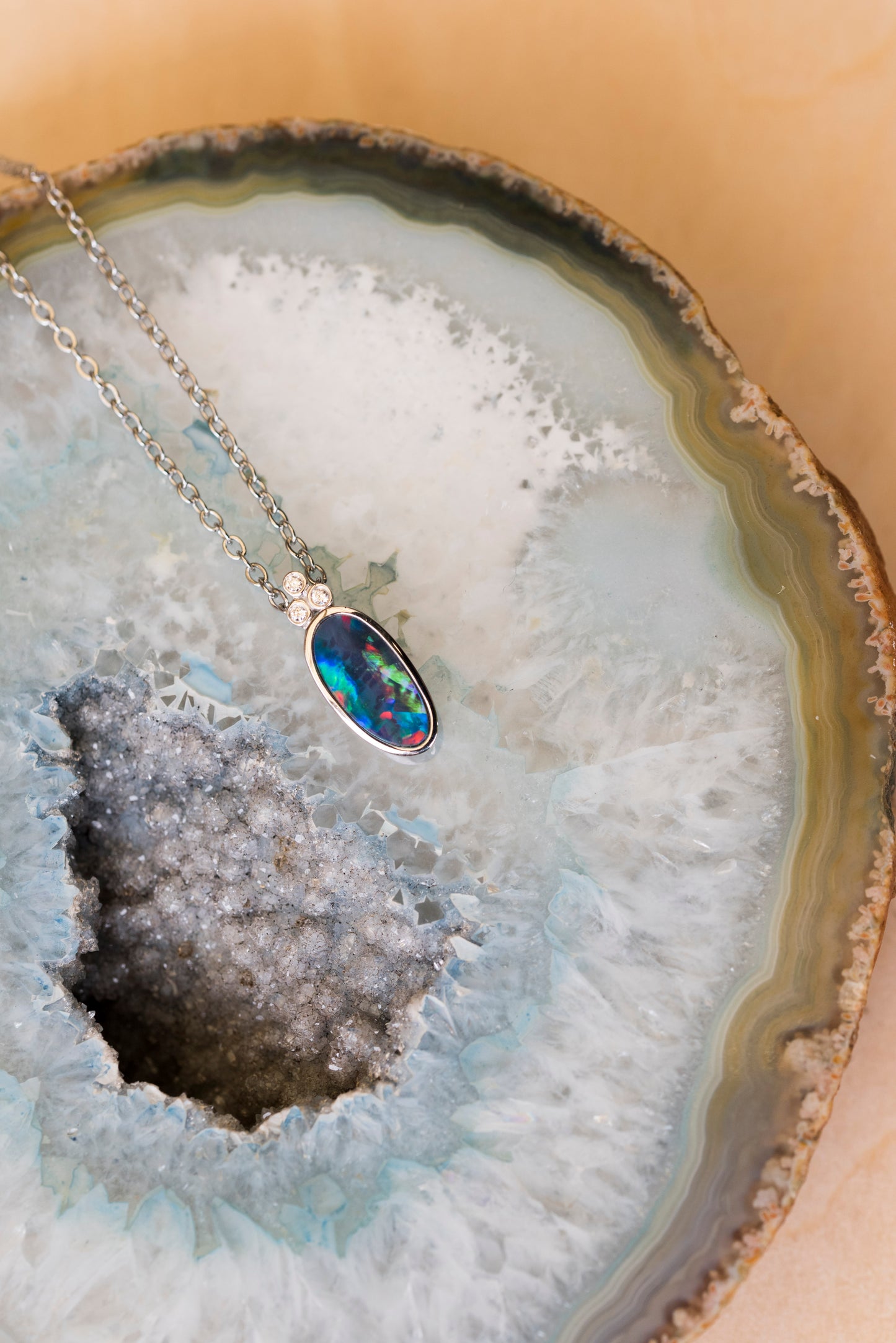 Australian Opal in 14K Solid White Gold - Multi Color Fire Opal Necklace - Genuine Australian Doublet Opal Gem Stone Pendant