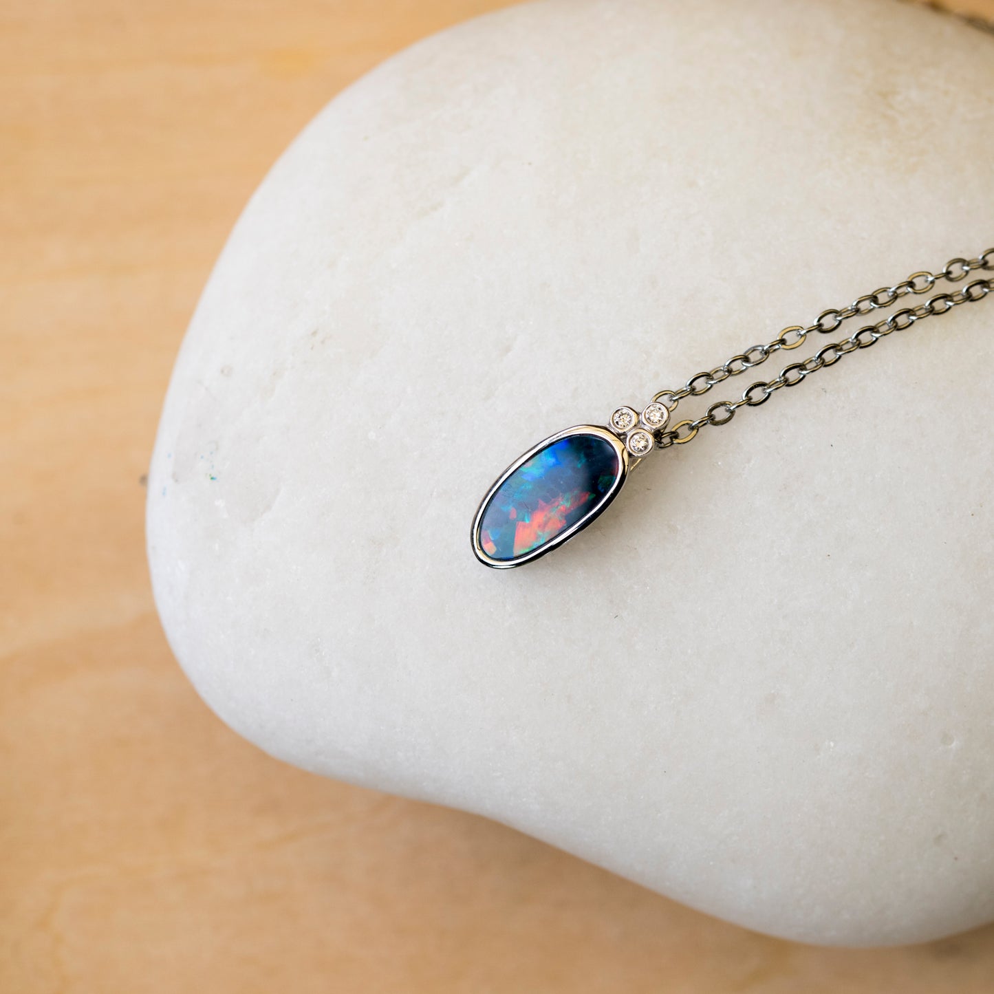 Australian Opal in 14K Solid White Gold - Multi Color Fire Opal Necklace - Genuine Australian Doublet Opal Gem Stone Pendant
