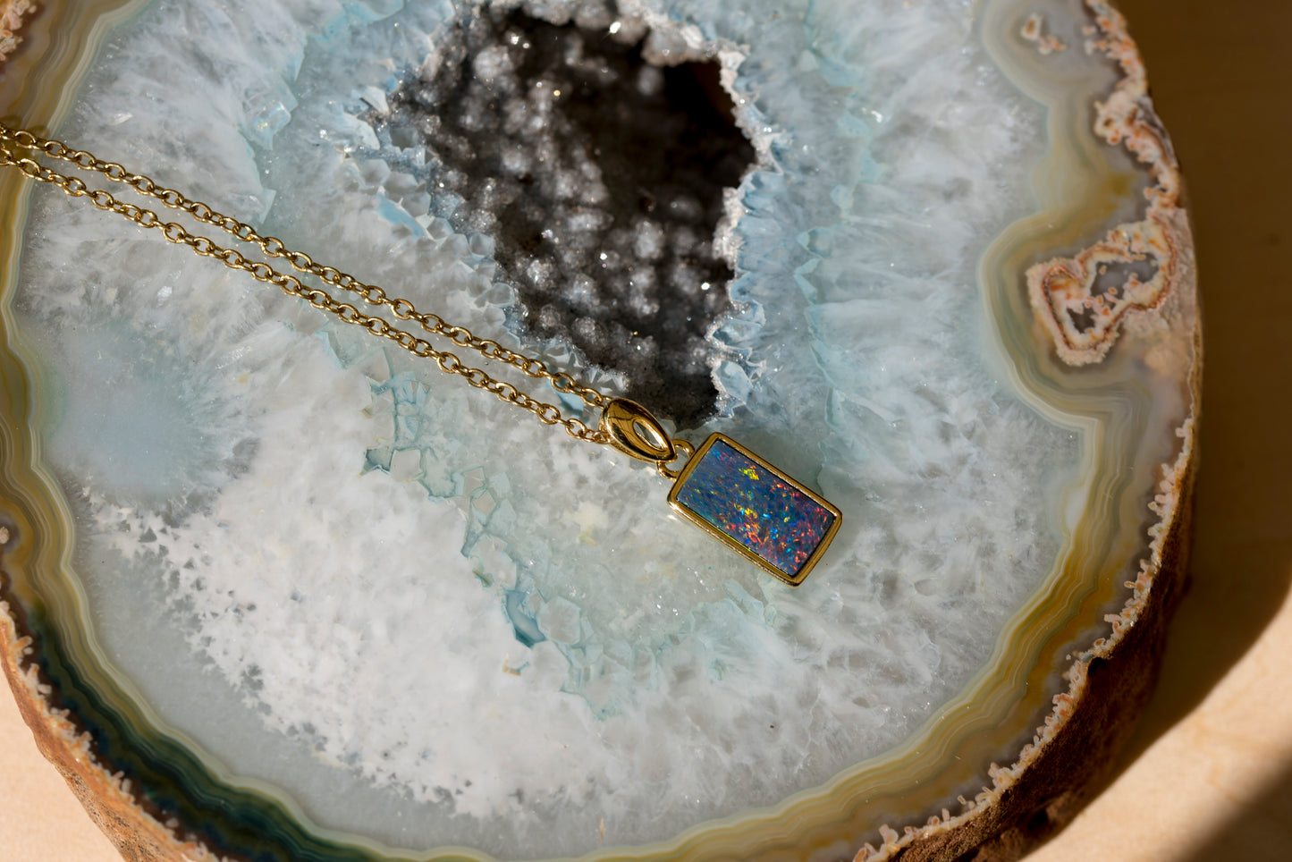 Genuine Australian Fire Opal Necklace - Authentic Australian Doublet Opal Pendant Necklace in Sterling Silver Yellow Gold Plated
