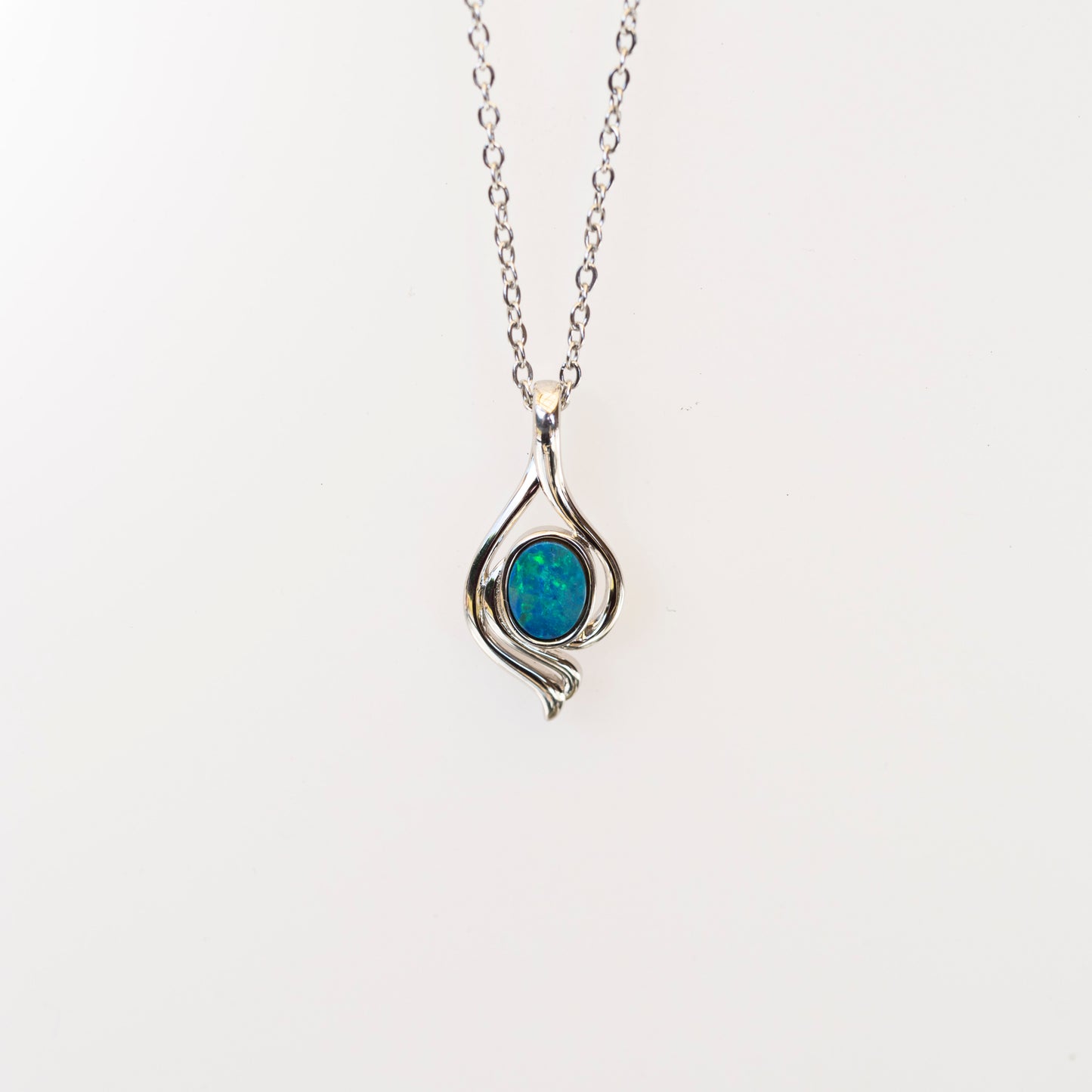 Genuine Australian Opal - Blue Green Opal Pendant - Authentic Australian Doublet Opal Necklace in Sterling Silver White Gold Plated