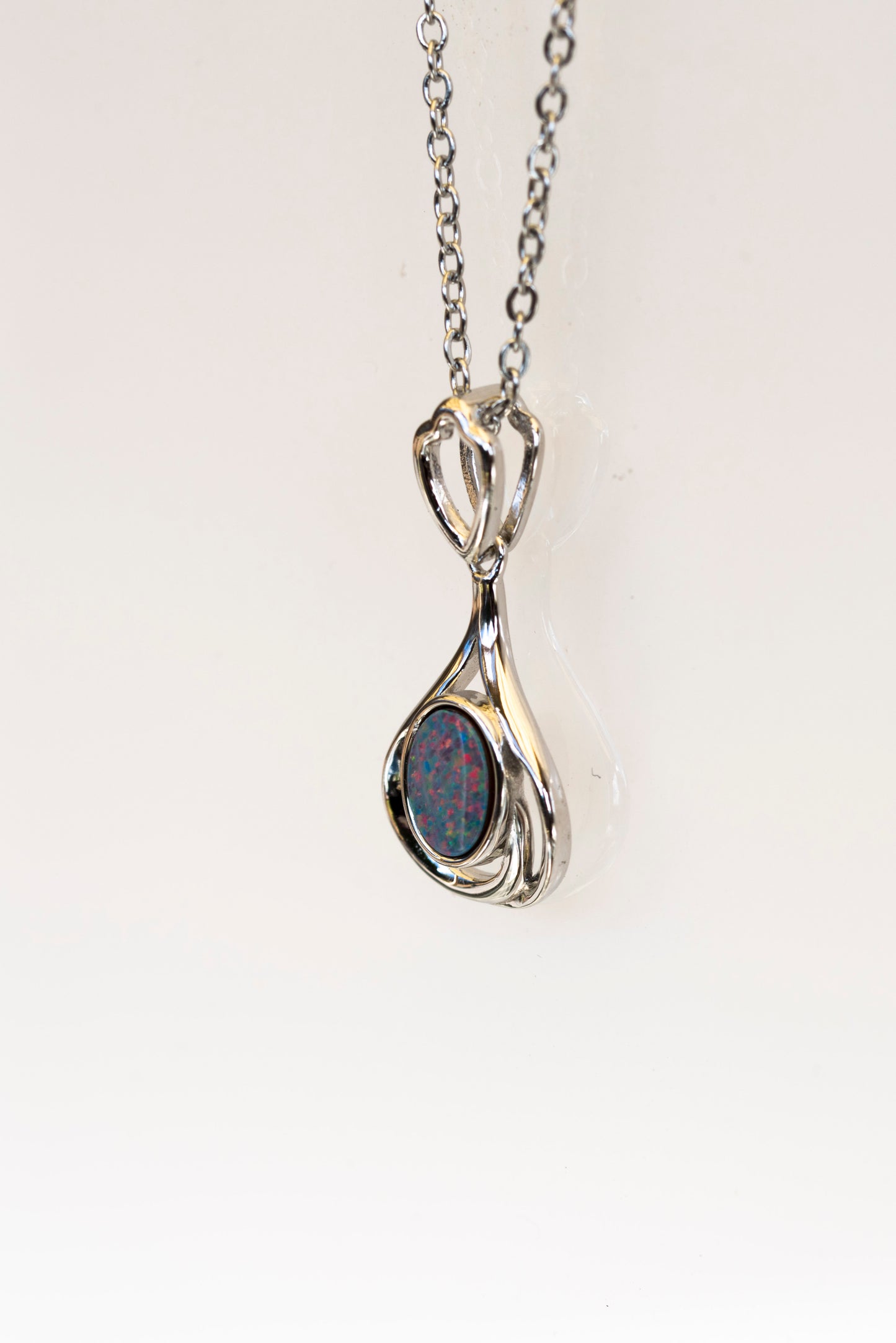 Genuine Australian Opal - Multi Color Opal Pendant - Authentic Australian Doublet Opal Necklace in Sterling Silver White Gold Plated
