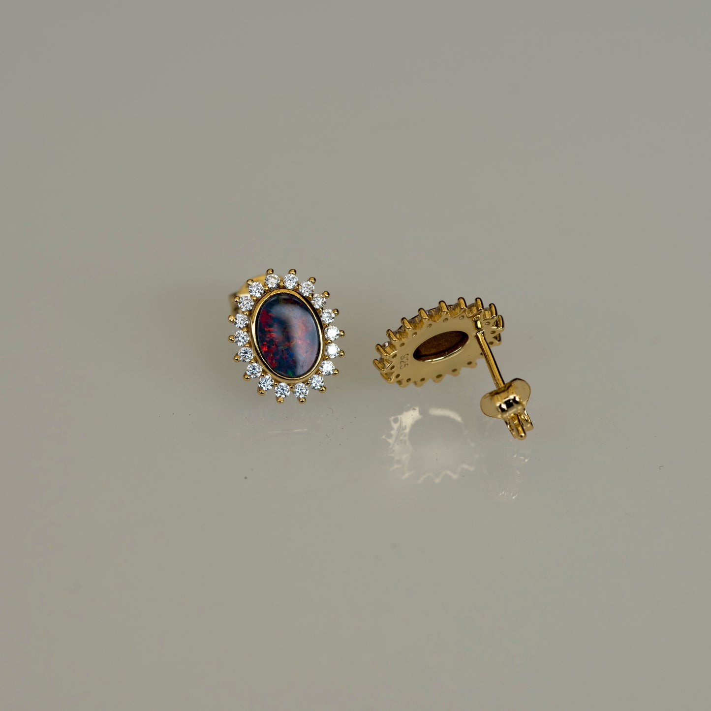 Genuine Australian Fire Opal - Australian Doublet Opal Earrings in Sterling Silver Yellow Gold Plated