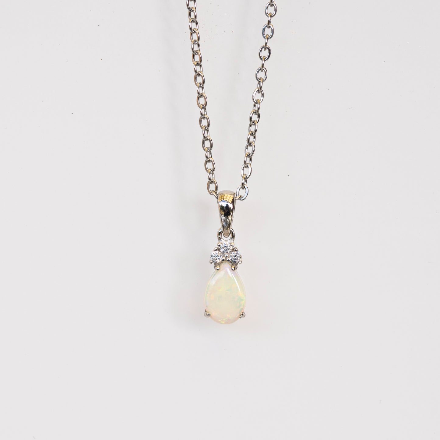 Hand Crafted Australian Opal Pendant - Multi Color Dainty Necklace in Sterling Silver White Gold Plated