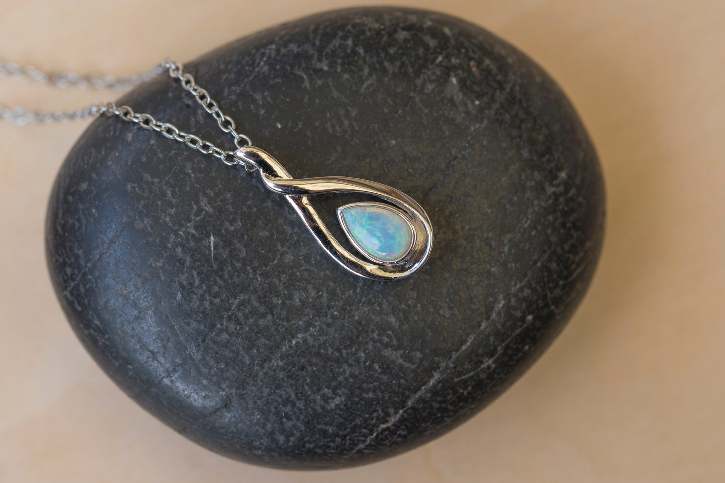 Handmade Australian Opal - Dainty Multi Color Fire Opal Necklace - Australian Solid Opal Necklace Pendant in Sterling Silver White Gold Plated