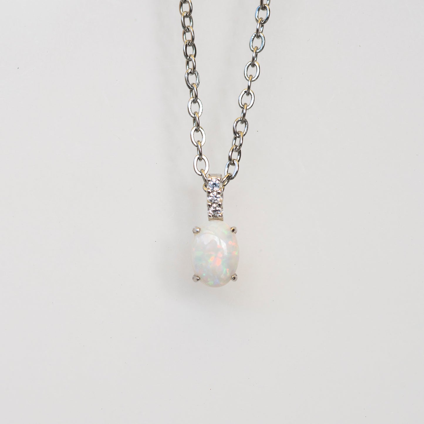Australian Opal Jewelry - Dainty Multi Color Fire Opa Pendant - Australian Solid Opal Necklace in Sterling Silver White Gold Plated