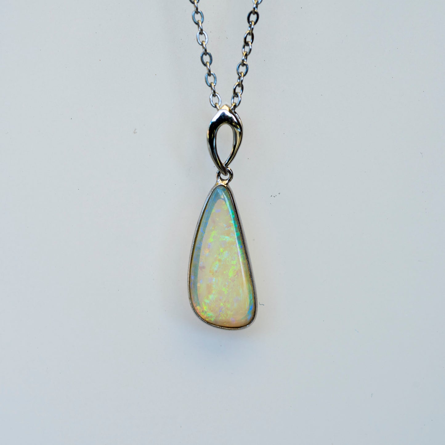 Australian White Crystal Opal - Genuine Authentic Multi Color Fire Opal Necklace - Solid Opal Gem Stone Pendant in Sterling Silver White Gold Plated