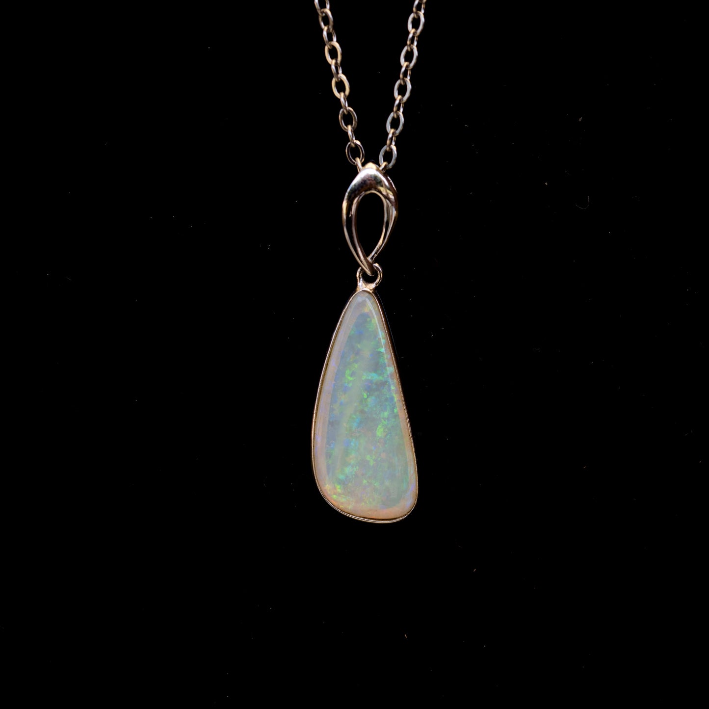 Australian White Crystal Opal - Genuine Authentic Multi Color Fire Opal Necklace - Solid Opal Gem Stone Pendant in Sterling Silver White Gold Plated