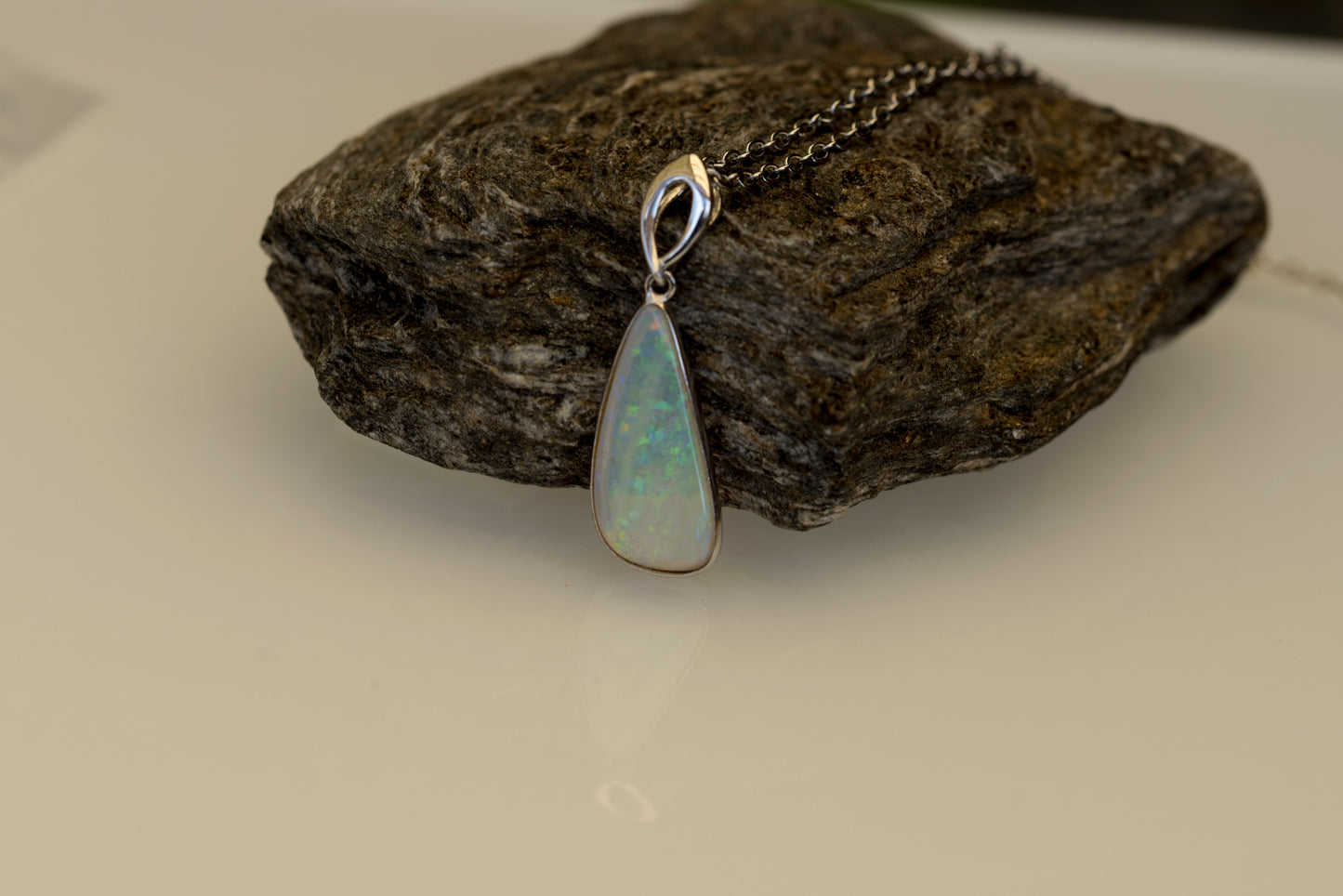 Australian White Crystal Opal - Genuine Authentic Multi Color Fire Opal Necklace - Solid Opal Gem Stone Pendant in Sterling Silver White Gold Plated