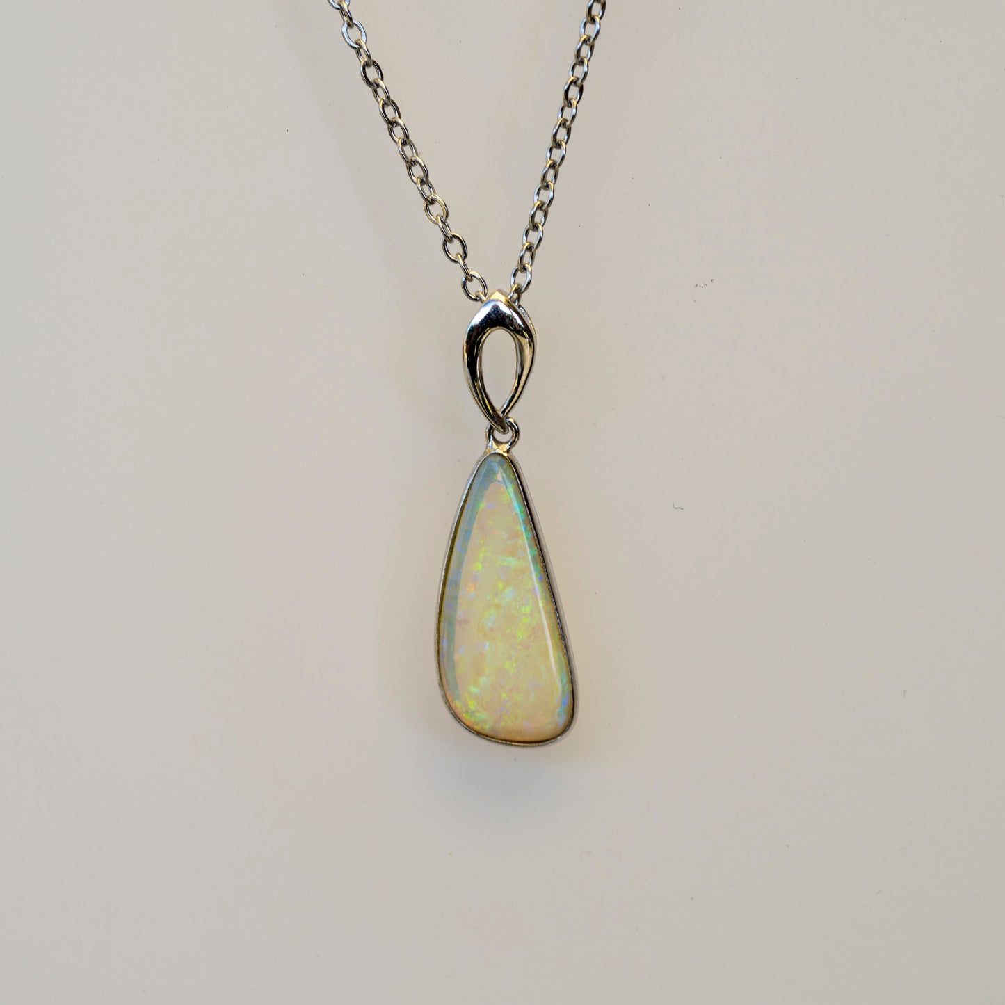 Australian White Crystal Opal - Genuine Authentic Multi Color Fire Opal Necklace - Solid Opal Gem Stone Pendant in Sterling Silver White Gold Plated