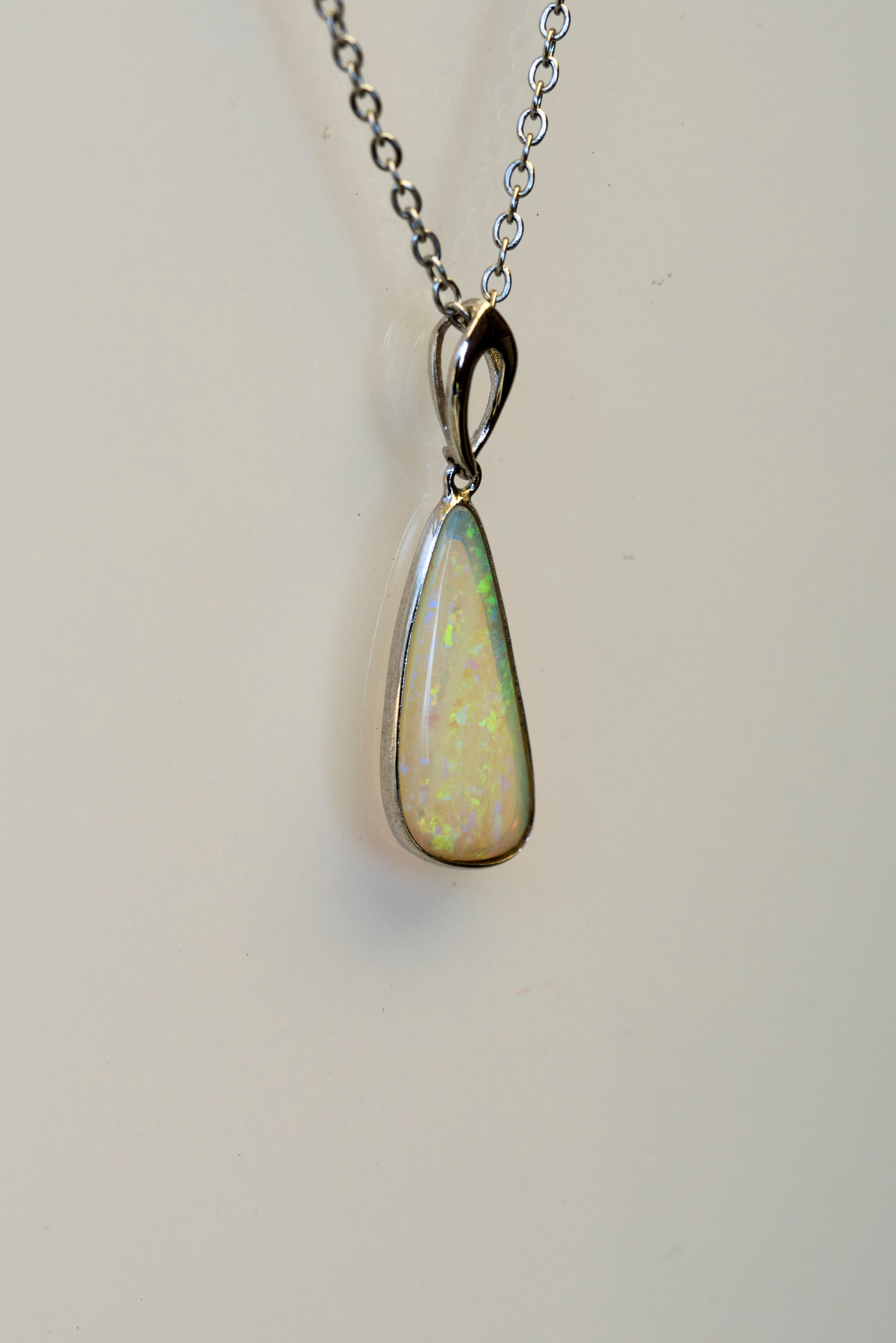 Australian White Crystal Opal - Genuine Authentic Multi Color Fire Opal Necklace - Solid Opal Gem Stone Pendant in Sterling Silver White Gold Plated