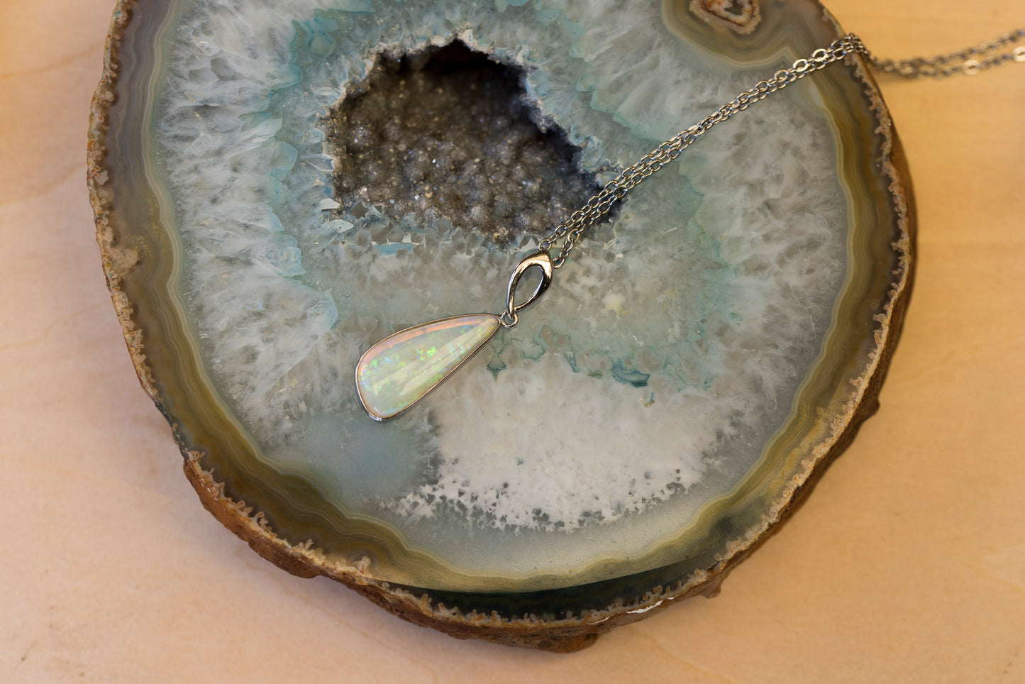 Australian White Crystal Opal - Genuine Authentic Multi Color Fire Opal Necklace - Solid Opal Gem Stone Pendant in Sterling Silver White Gold Plated