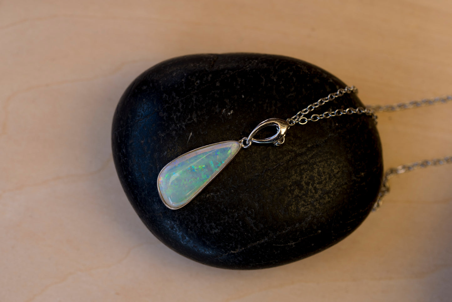 Australian White Crystal Opal - Genuine Authentic Multi Color Fire Opal Necklace - Solid Opal Gem Stone Pendant in Sterling Silver White Gold Plated