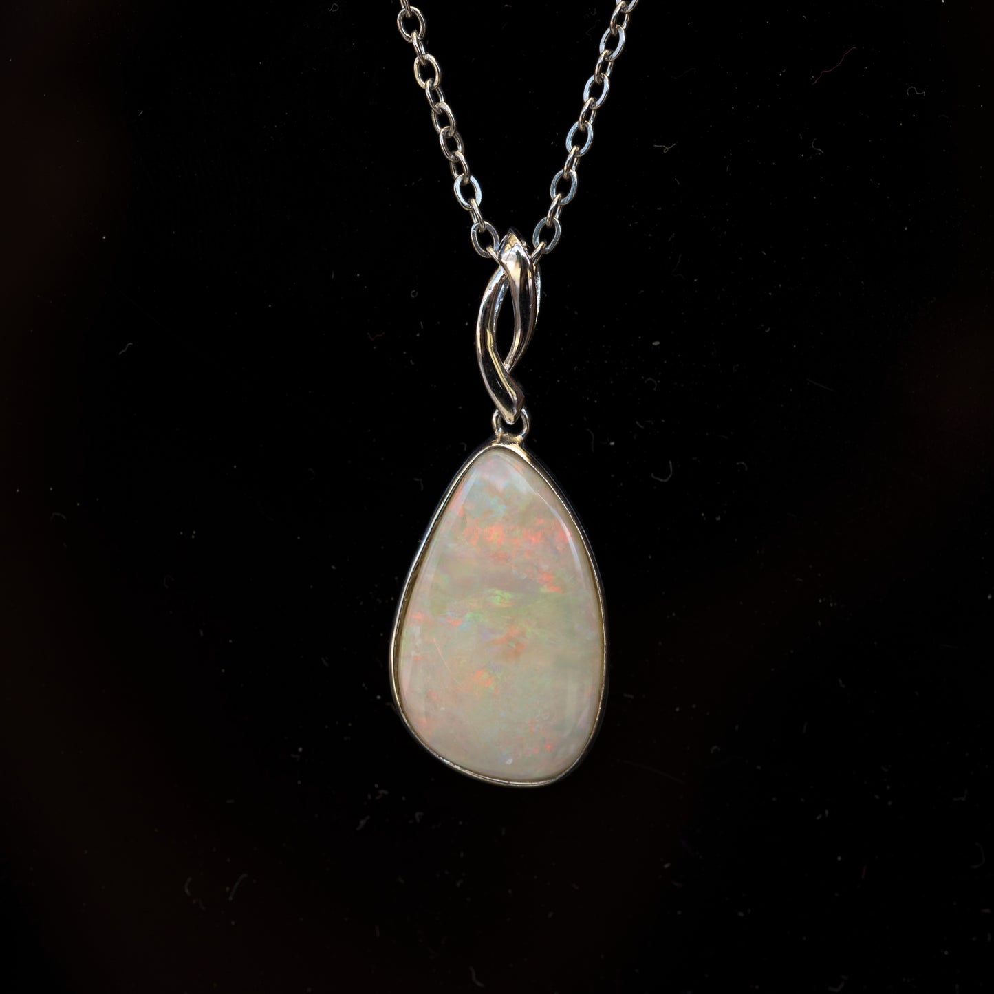 Australian Cystal White Opal - Genuine Authentic Multi Color Fire Opal Necklace - Solid Opal Gem Stone Pendant in Sterling Silver White Gold Plated
