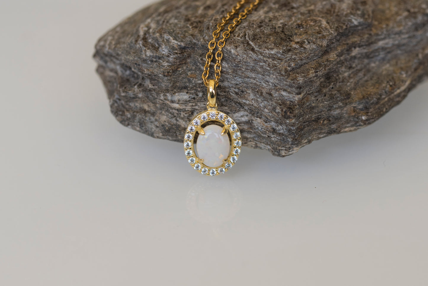 Authentic Australian White Opal Necklace – Multi-Color Solid Opal Pendant in Yellow Gold Plated Sterling Silver