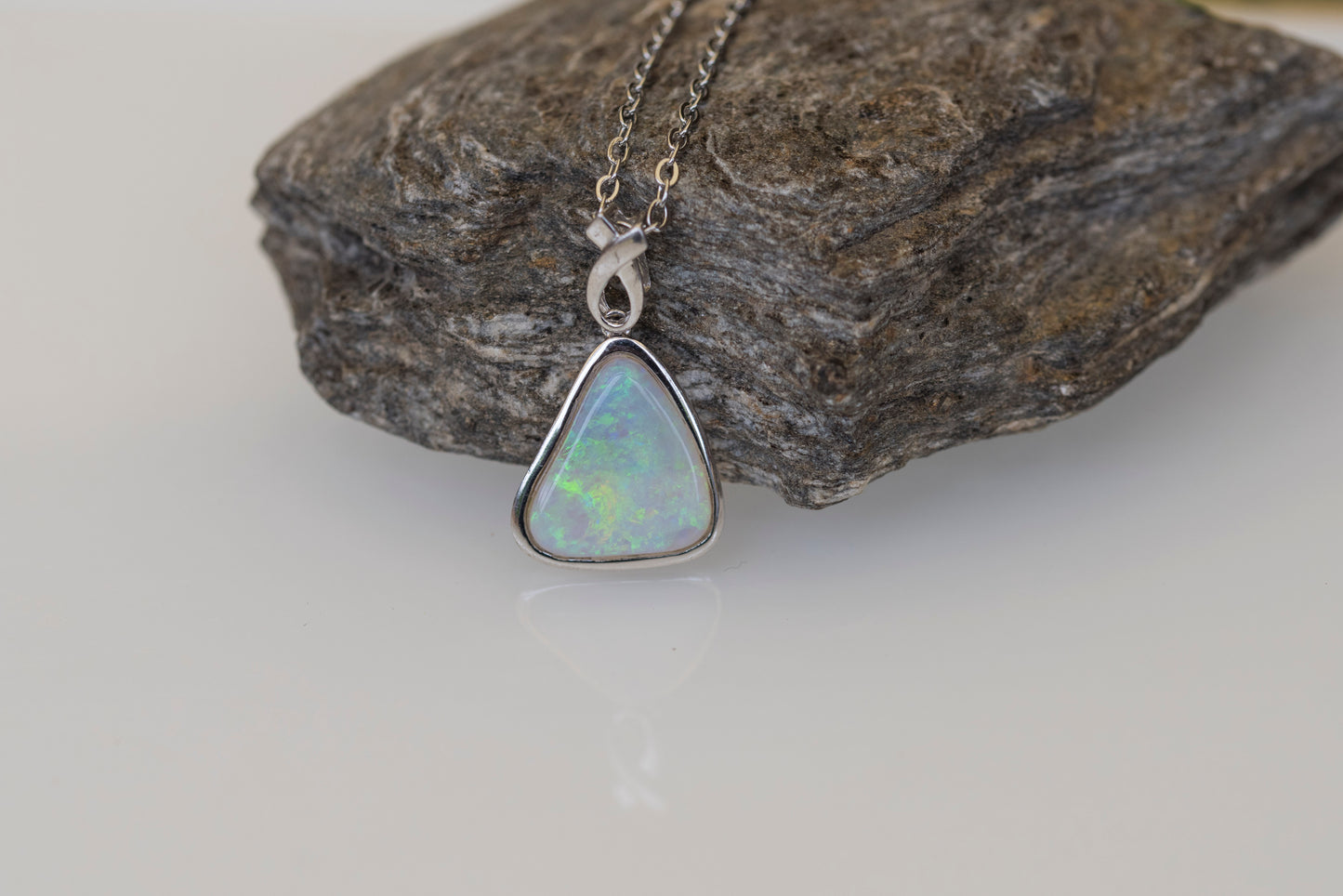 Australian Crystal Opal - Genuine Authentic Multi Color Fire Opal Necklace - Solid Opal Gem Stone Pendant in Sterling Silver White Gold Plated