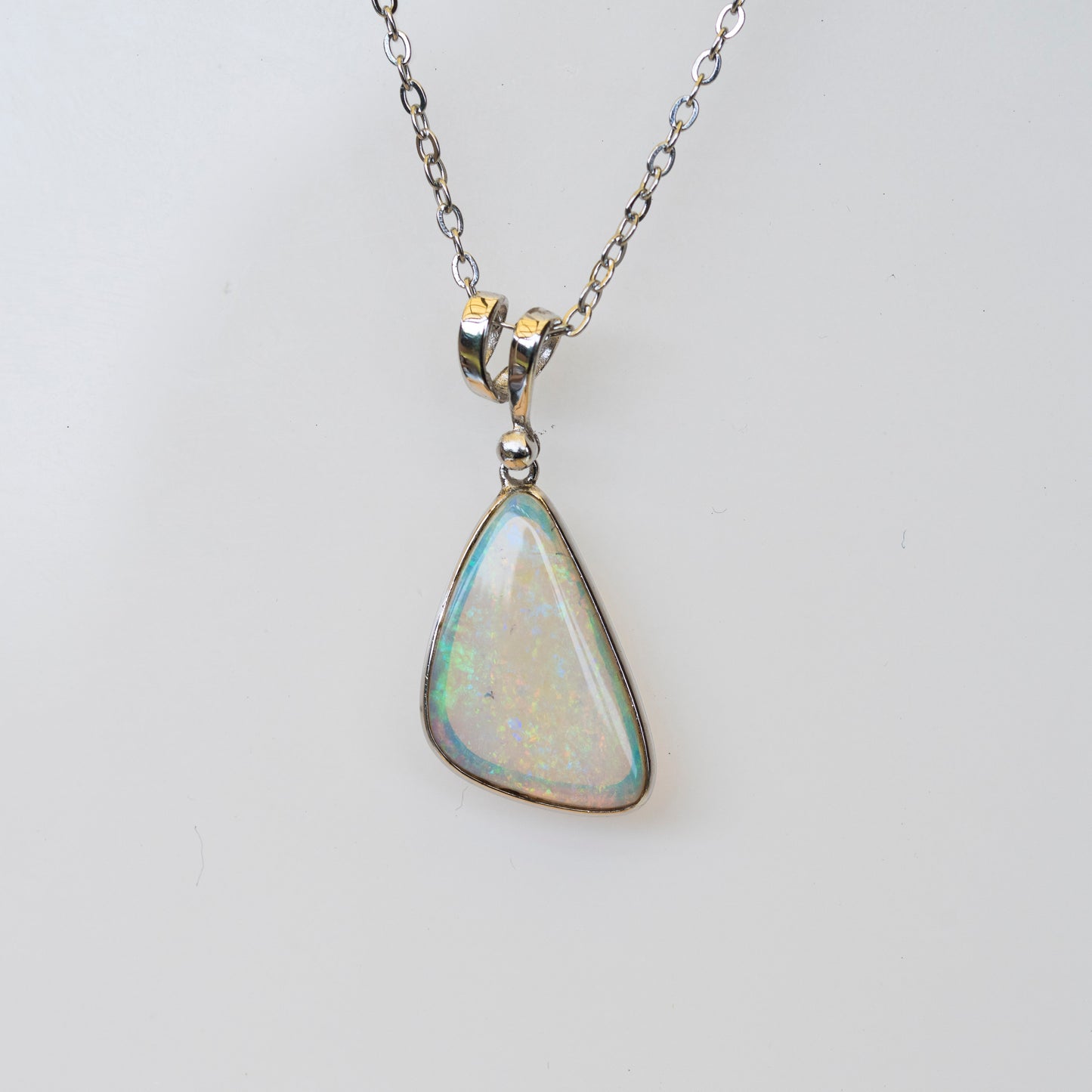 Australian Crystal Opal - Genuine Authentic Multi Color Fire Opal Necklace - Solid Opal Gem Stone Pendant in Sterling Silver White Gold Plated