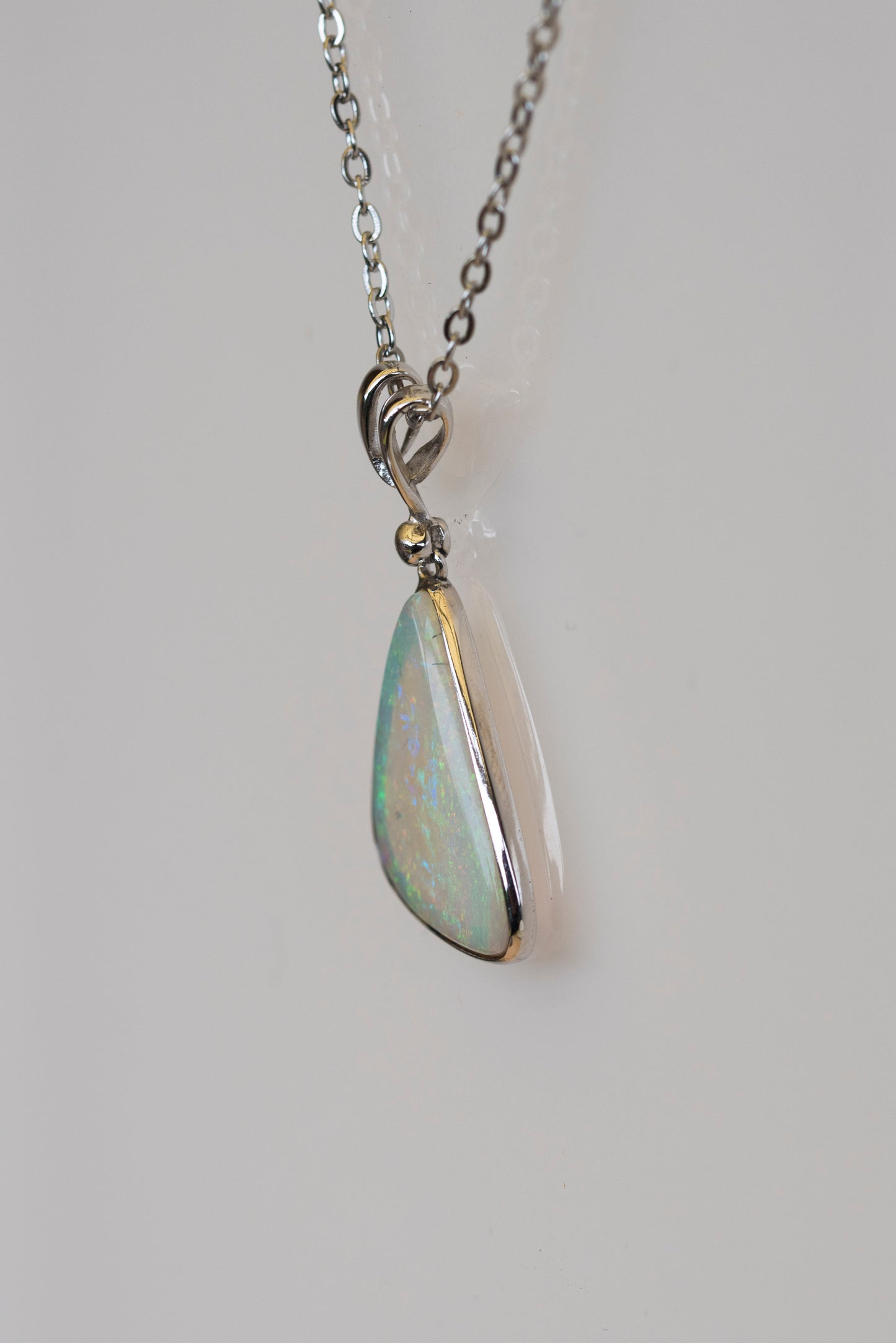 Australian Crystal Opal - Genuine Authentic Multi Color Fire Opal Necklace - Solid Opal Gem Stone Pendant in Sterling Silver White Gold Plated