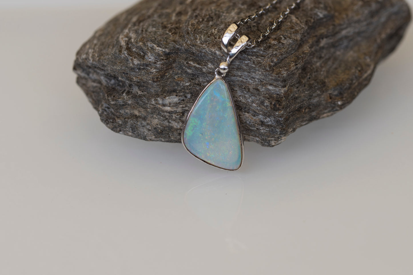 Australian Crystal Opal - Genuine Authentic Multi Color Fire Opal Necklace - Solid Opal Gem Stone Pendant in Sterling Silver White Gold Plated