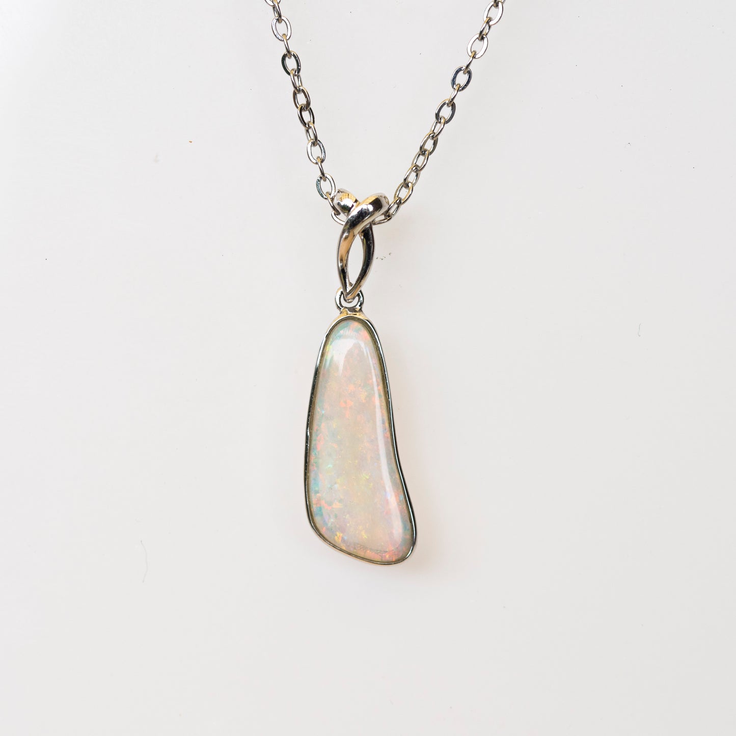 Australian Crystal Opal - Genuine Authentic Multi Color Fire Opal Necklace - Solid Opal Gem Stone Pendant in Sterling Silver White Gold Plated