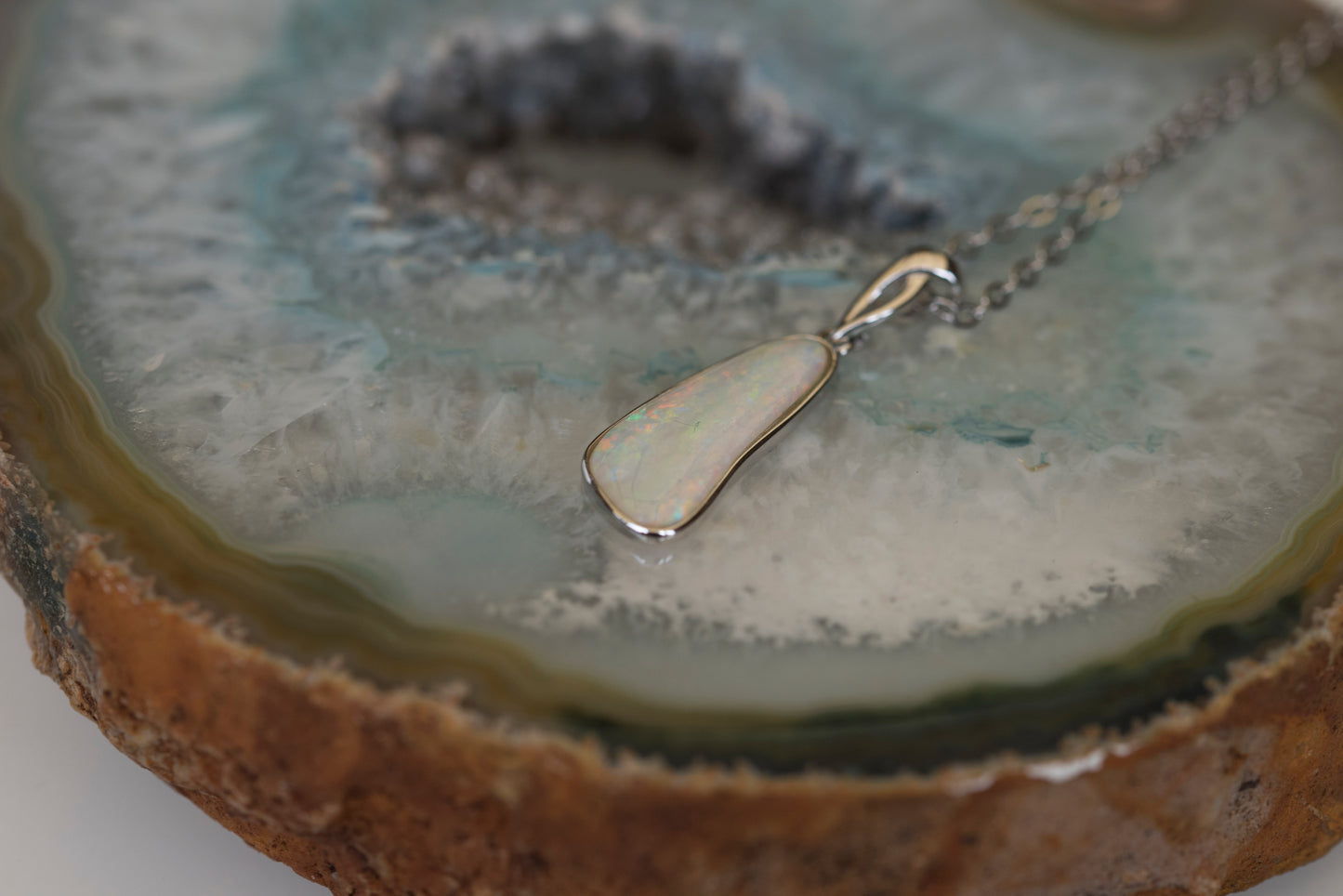 Australian Crystal Opal - Genuine Authentic Multi Color Fire Opal Necklace - Solid Opal Gem Stone Pendant in Sterling Silver White Gold Plated