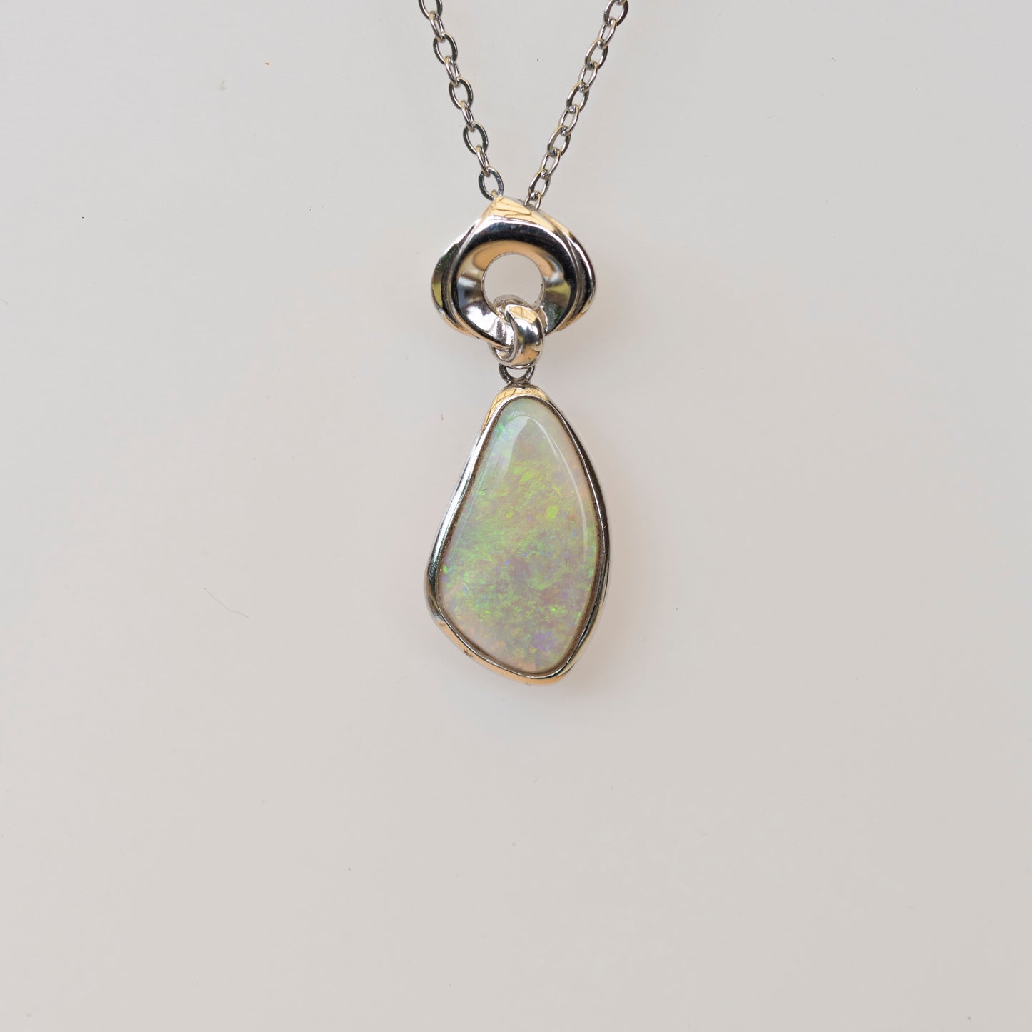Australian Crystal Opal - Genuine Authentic Multi Color Fire Opal Necklace - Solid Opal Gem Stone Pendant in Sterling Silver White Gold Plated