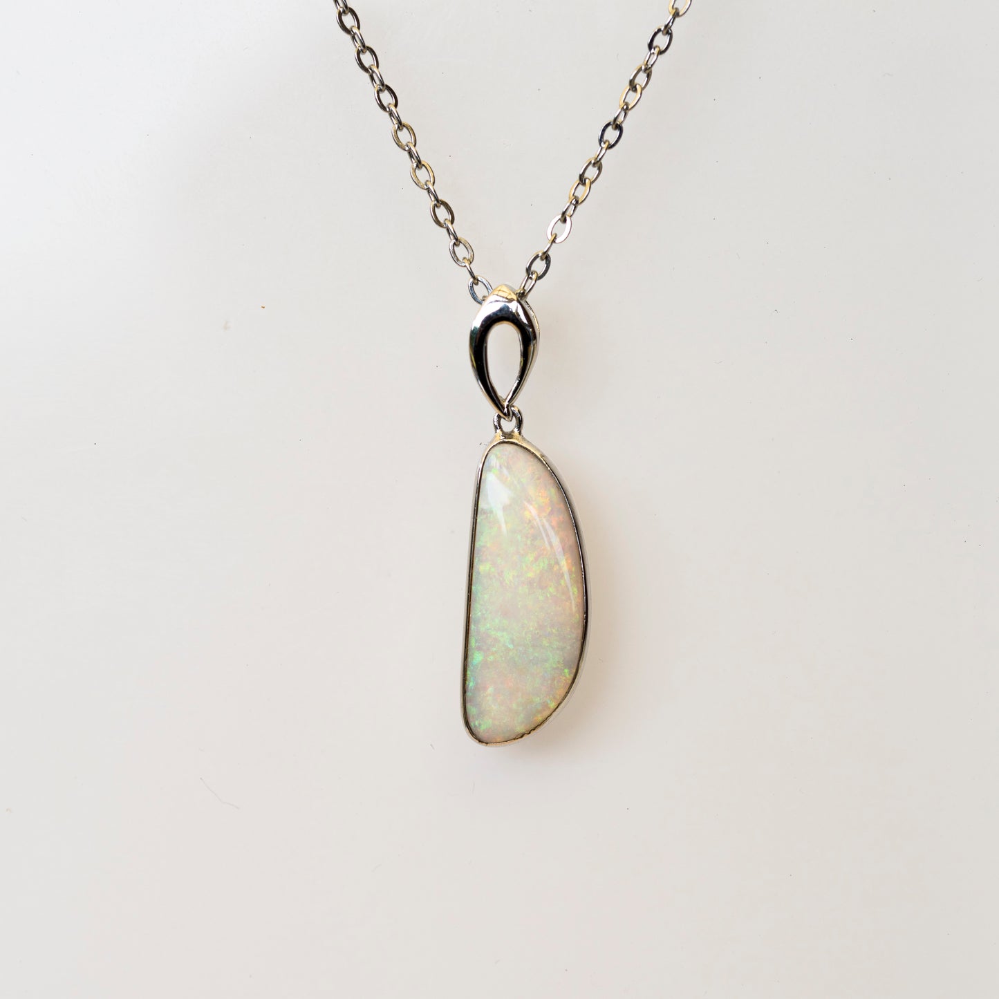 Australian White Crystal Opal - Genuine Authentic Multi Color Fire Opal Necklace - Solid Opal Gem Stone Pendant in Sterling Silver White Gold Plated